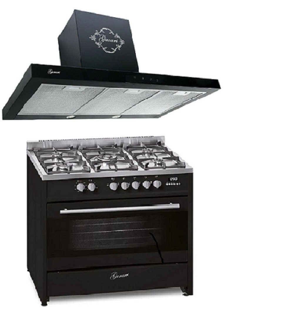 GURARI Gas-Standherd 90 cm, 121L, Range Coocker + Dunstabzugshaube 90 cm Wandhaube 1000 m³/h Motor GCH E 911 BL +GCH 462 BL 9 Prime, mit 1-fach-Teleskopauszug, Gas Elektro Standherd 90 cm/ 121L + Dunstabzugshaube 90cm
