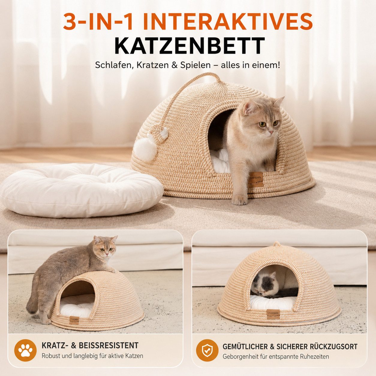 CheerPals Tierbett Formstabile 2-in-1 Katzenhöhle (53cm) aus kratzfestem Garngeflecht, Vliesstoff – Bild 4 von 5