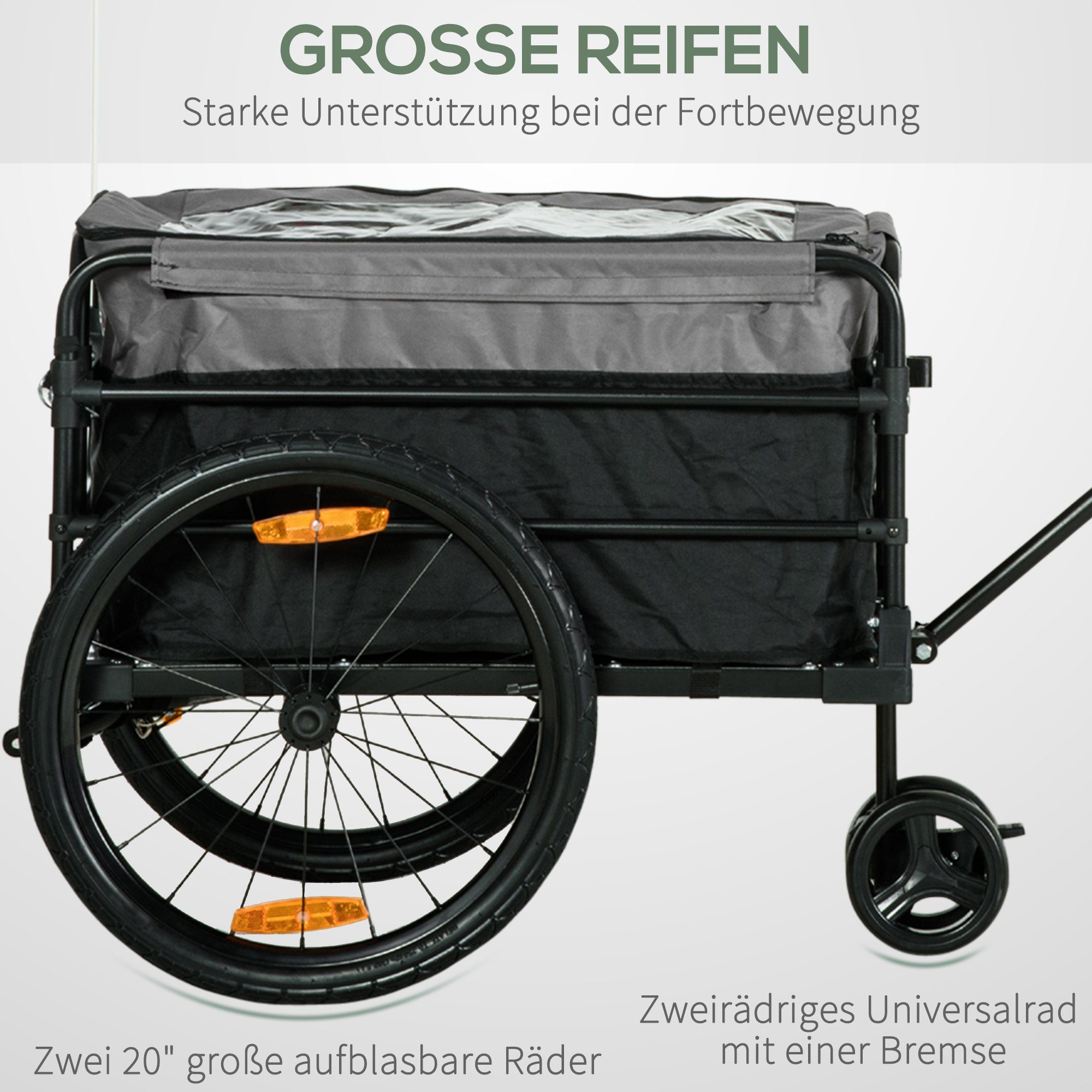 HOMCOM Bicycle Cargo Trailer, Transport Trailer for Bicycles with 20-inch Pneumatic Tires, Black+Grey, 130 x 64 x 64.103 cm