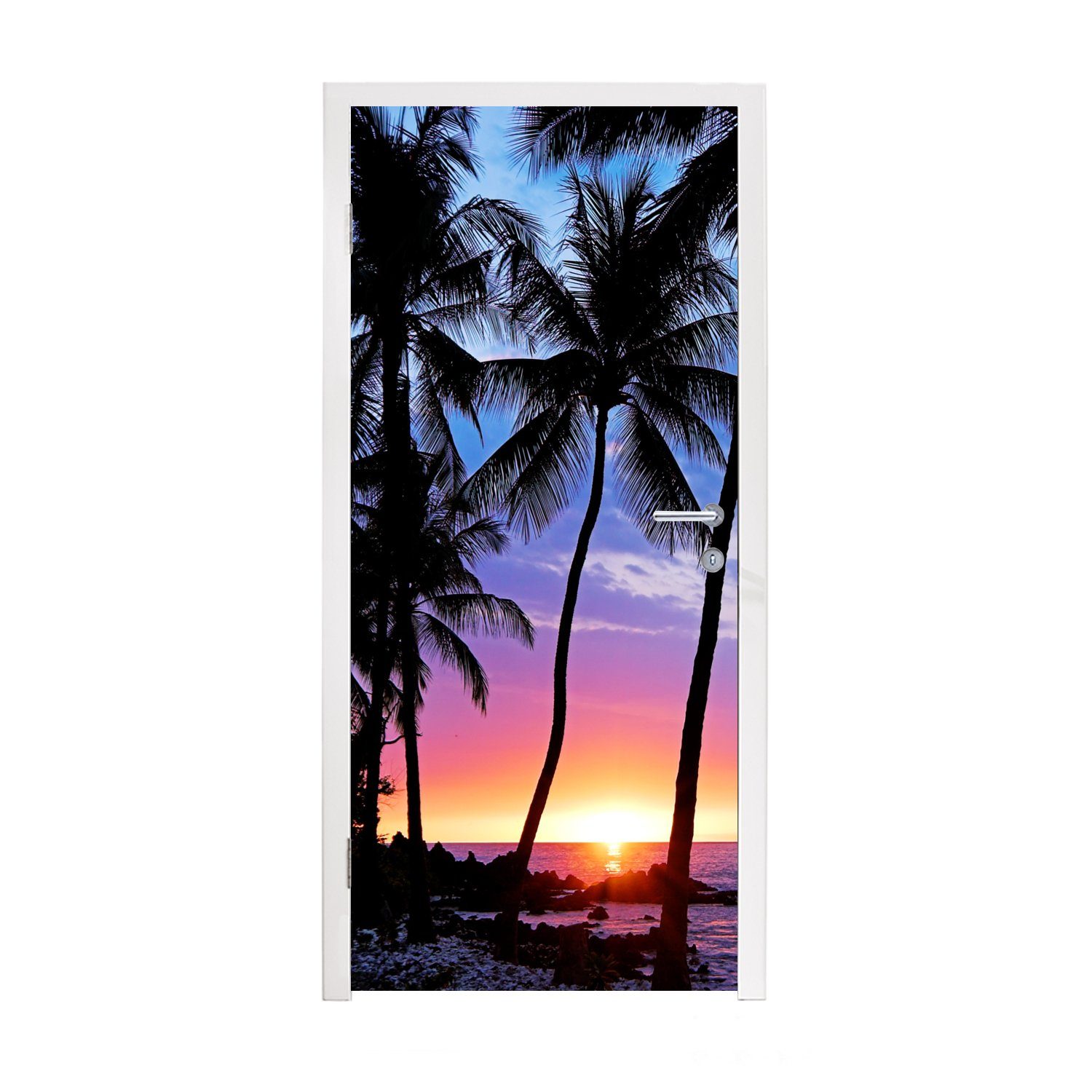 MuchoWow Türtapete Eine Silhouette von Palmen während eines Sonnenuntergangs auf Hawaii, Matt, bedruckt, (1 St), Fototapete für Tür, Türaufkleber, 75x205 cm