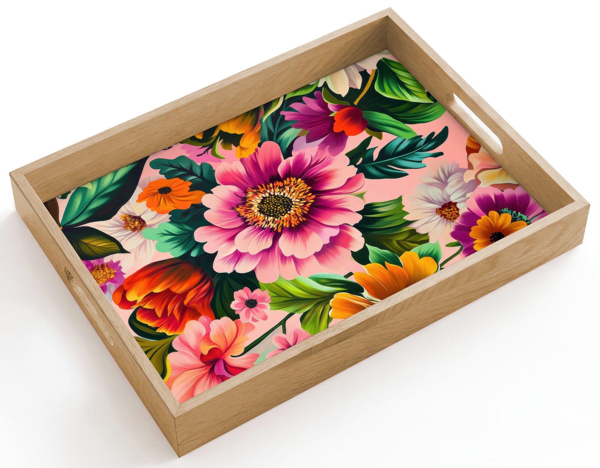 OnlyWow Tablett Rechteckig mit Henkel Blumen - Bunt - Rosa, Eichenholz, (1-tlg), Siervierplatte, Tray, Frühstücksbrett