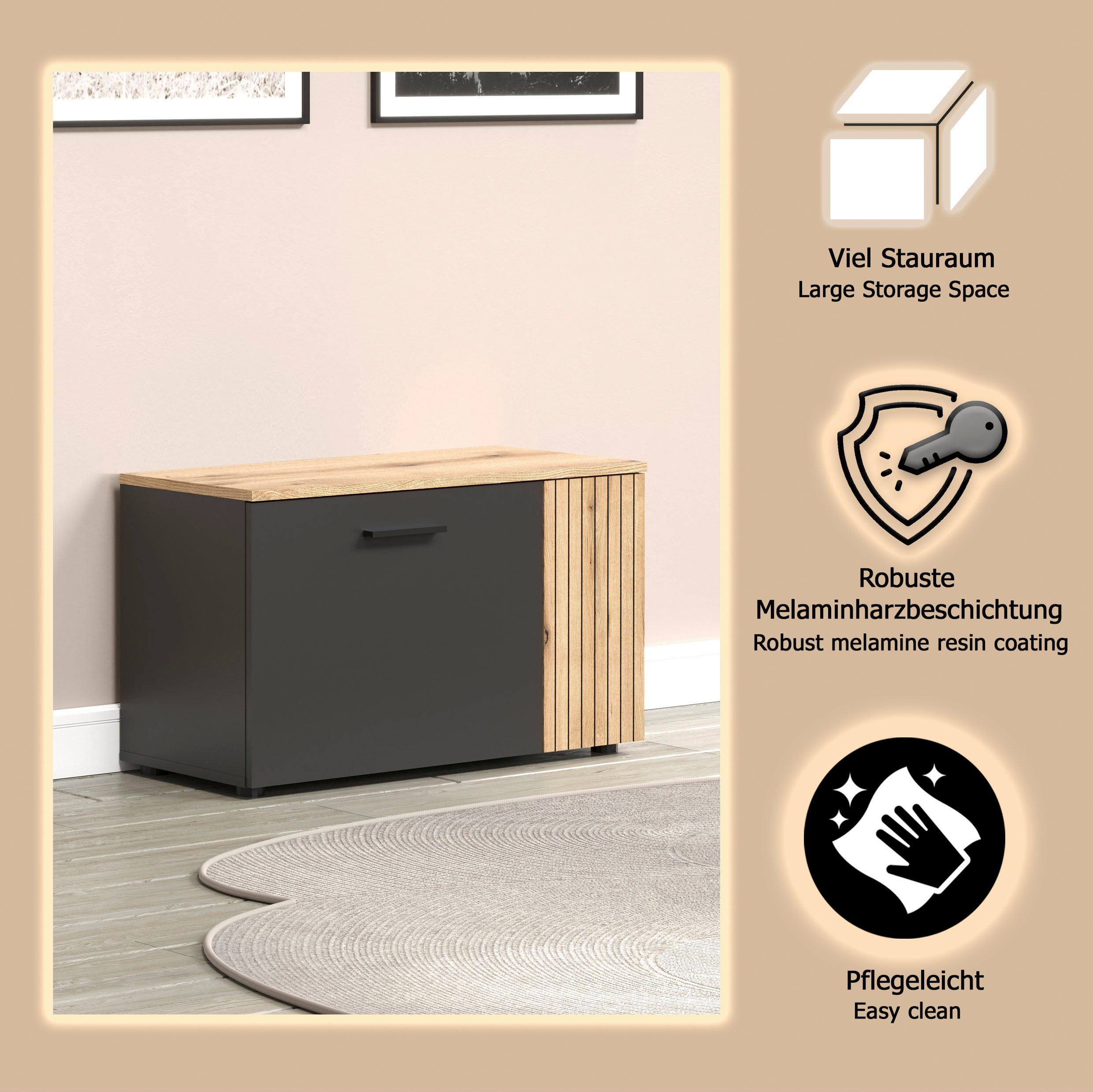 Home affaire Sitzbank Estepona (1-St), Schuhbank mit 2 Türen & 2 Einlegeböden – (B/T/H) 80/36/48 cm – Bild 3 von 5