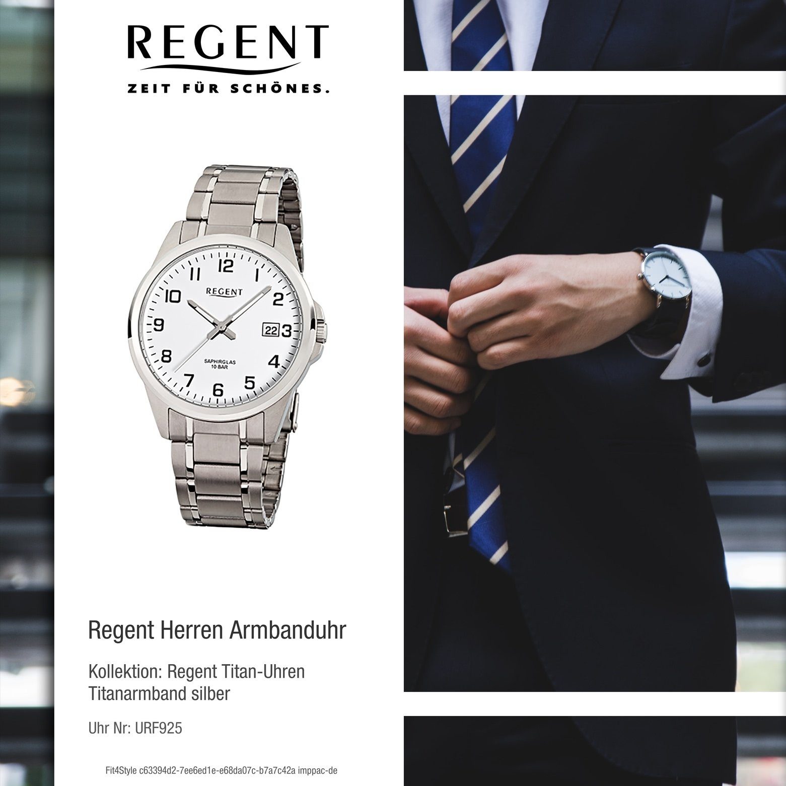 Quarzuhr (ca. 40mm), silber Herren-Armbanduhr rund, Titanarmband Armbanduhr Analog, Regent groß Herren Regent