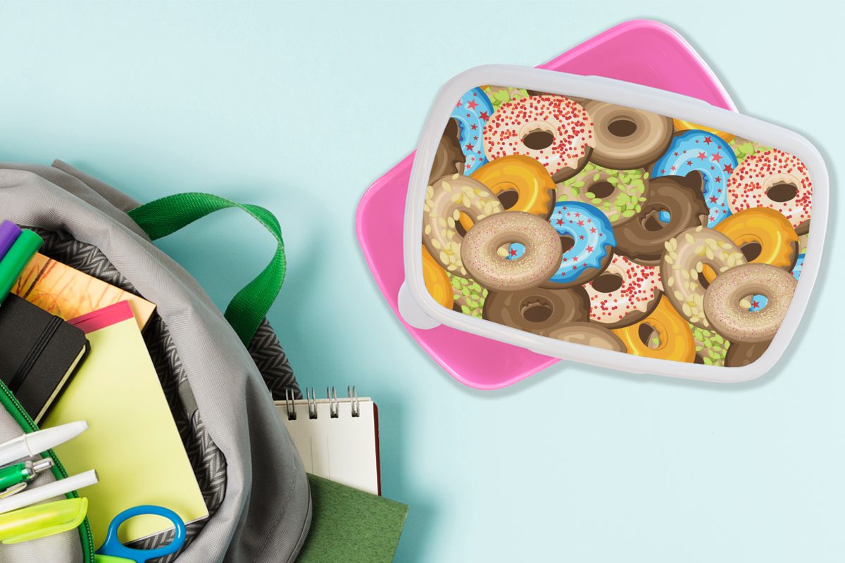 rosa Brotdose MuchoWow (2-tlg), für Kunststoff, Muster Kunststoff Mädchen, Lunchbox Kinder, Snackbox, - Brotbox Donuts Sterne, Erwachsene, -