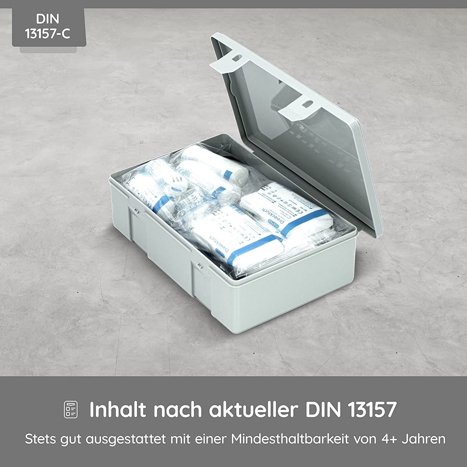FLEXEO Erste-Hilfe-Koffer DIN 13157, (1 St), Betriebsverbandkasten inkl. Wandhalterung, grau