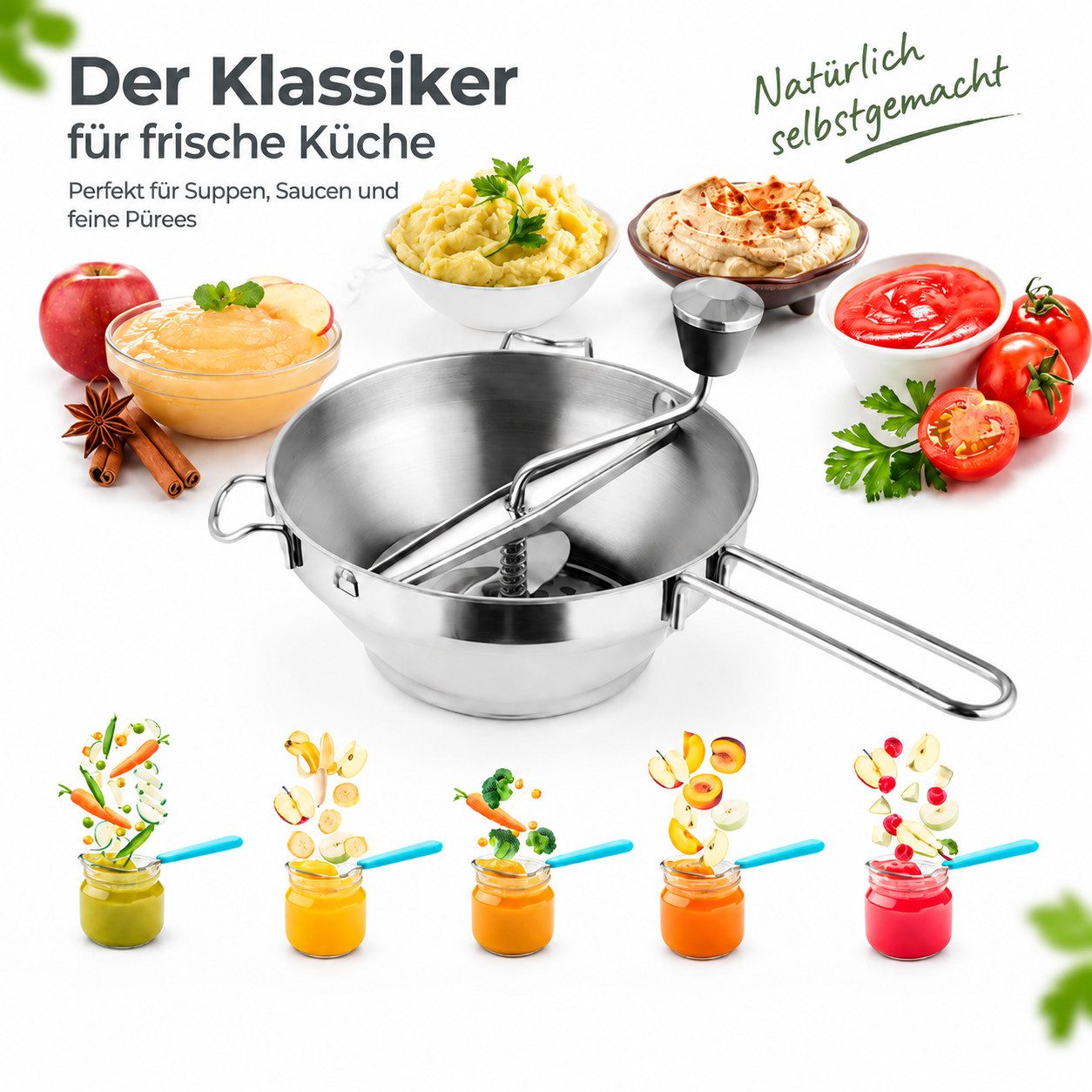 MC Star Passiersieb Passiergerät aus Edelstahl mit 3X Siebeinsatz passiermühle für Suppe
