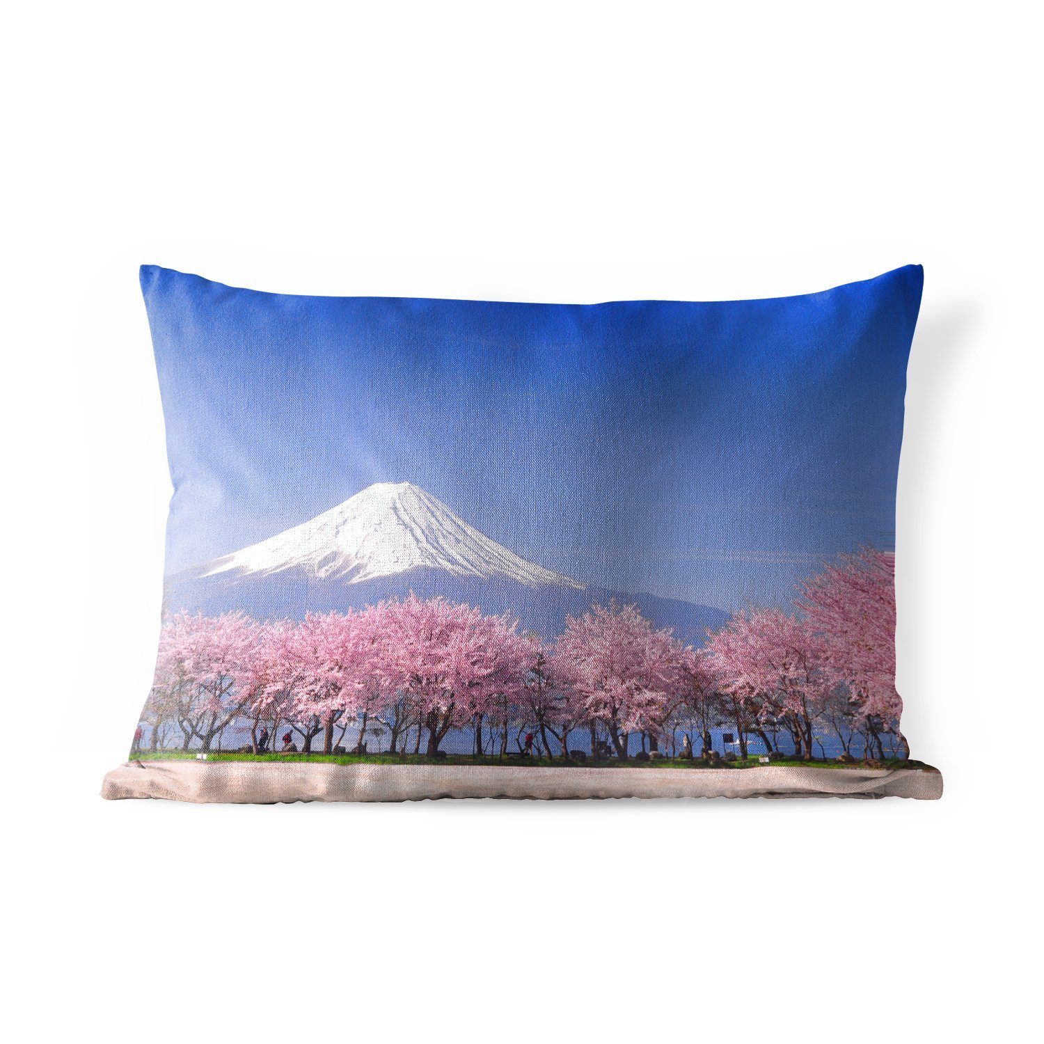 MuchoWow Dekokissen Fuji in Asien mit Kirschblüten im Vordergrund, Outdoor-Dekorationskissen, Polyester, Dekokissenbezug, Kissenhülle