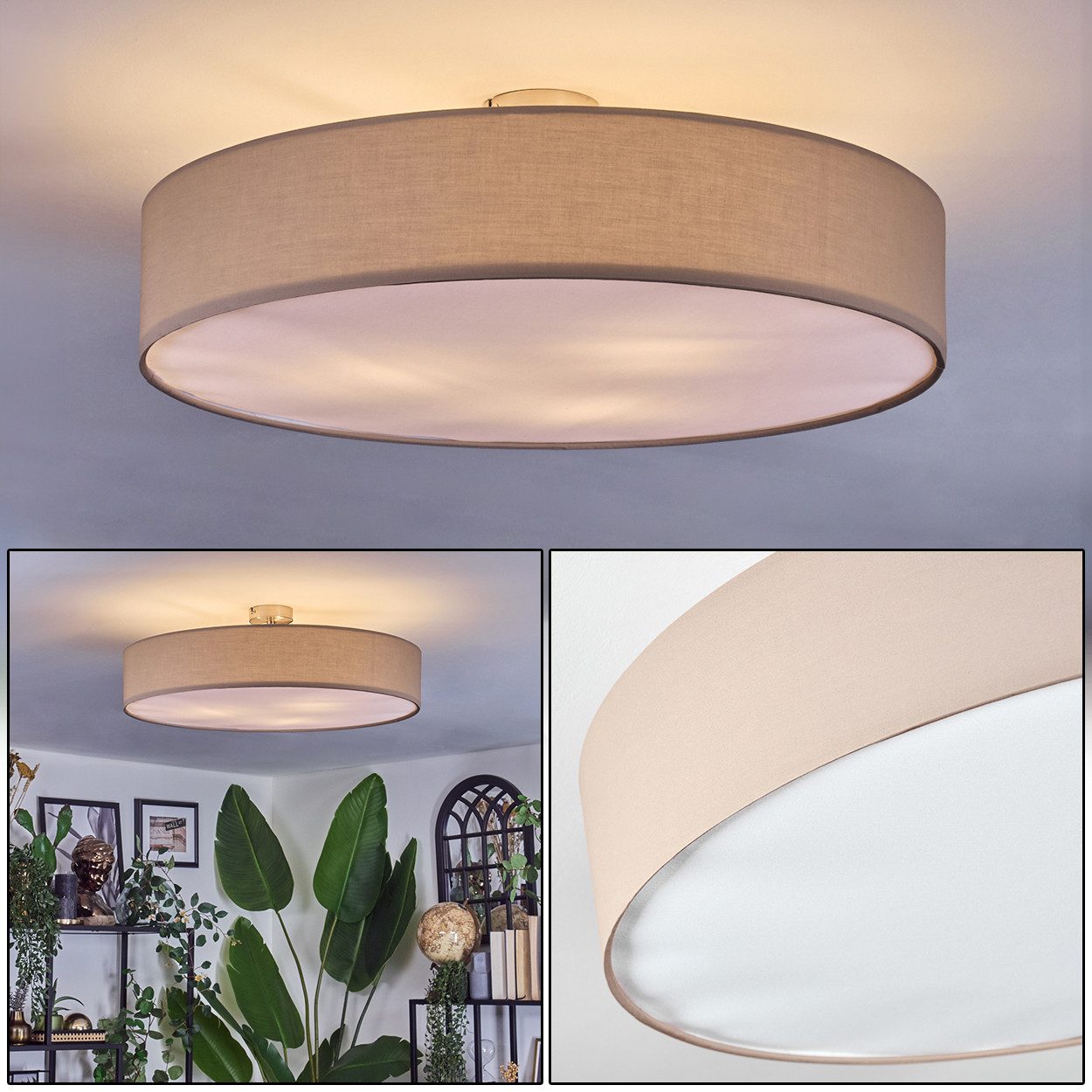 hofstein Deckenleuchte Deckenlampe aus Metall/Stoff/Kunststoff in Nickel-matt/Beige/Weiß, ohne Leuchtmittel, runde Leuchte im Boho-Design (60 cm), E27, Esszimmer, Wohnzimmer