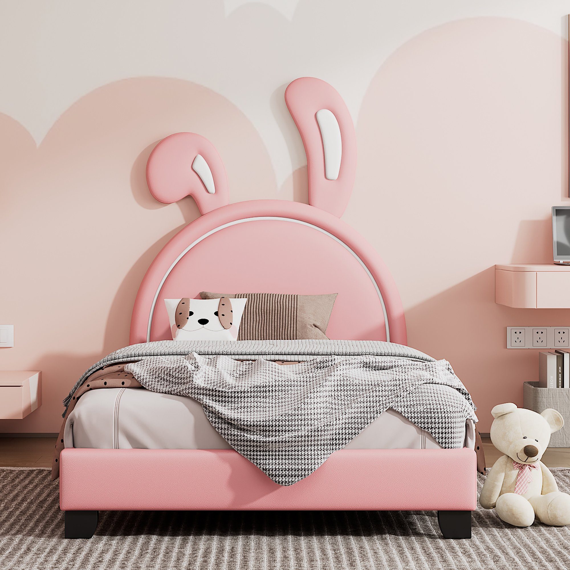OKWISH Bett Einzelbett Kinderbett Polsterbett 90*200cm (mit Lattenrosten und Rückenlehne, mit erhöhten Füßen), Matratze nicht enthaltet rosa