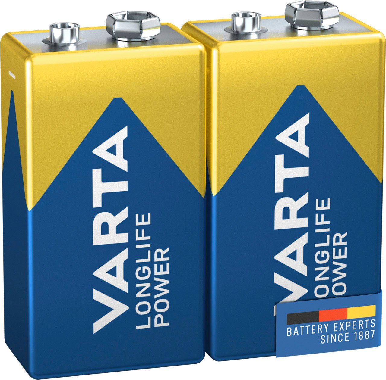 VARTA 2 Stück LONGLIFE Power Alkaline, 9 V E-Block 6LP3146 Batterie, (9 V, 2 St), ideal für Feuermelder