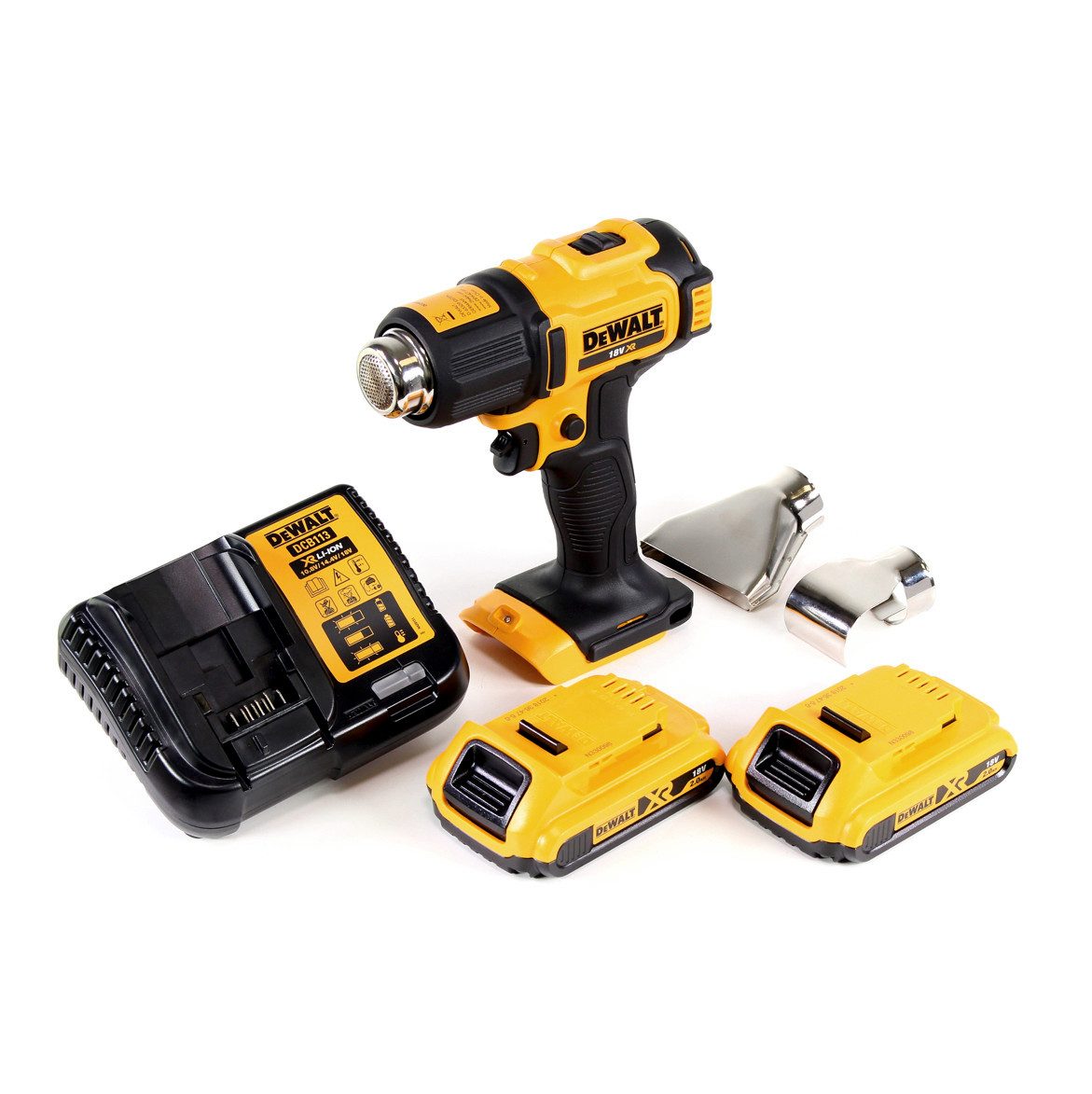DeWalt Akku-Heißluftgebläse DCE 530 D2 Akku Heißluftpistole 18V 530°C + 2x Akku 2,0Ah + 1x Lader