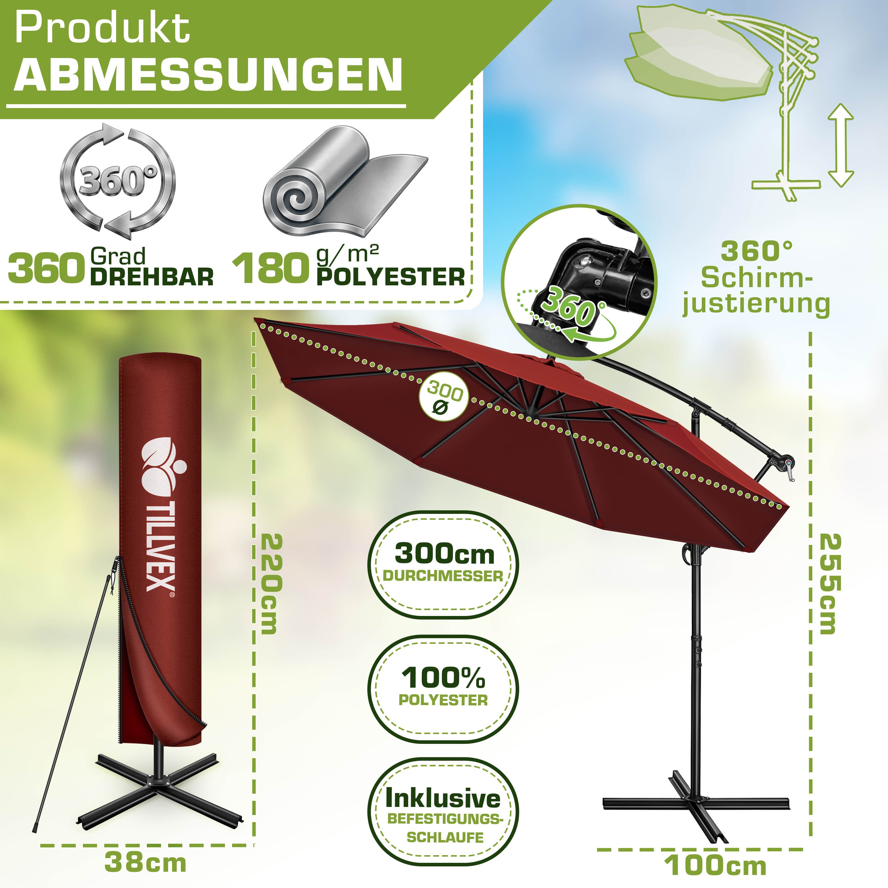tillvex Sonnenschirm 300-350 cm Kurbel Ampelschirm mit Ständer, Abdeckung & Windsicherung, Gartenschirm UV-Schutz Aluminium – Bild 2 von 5