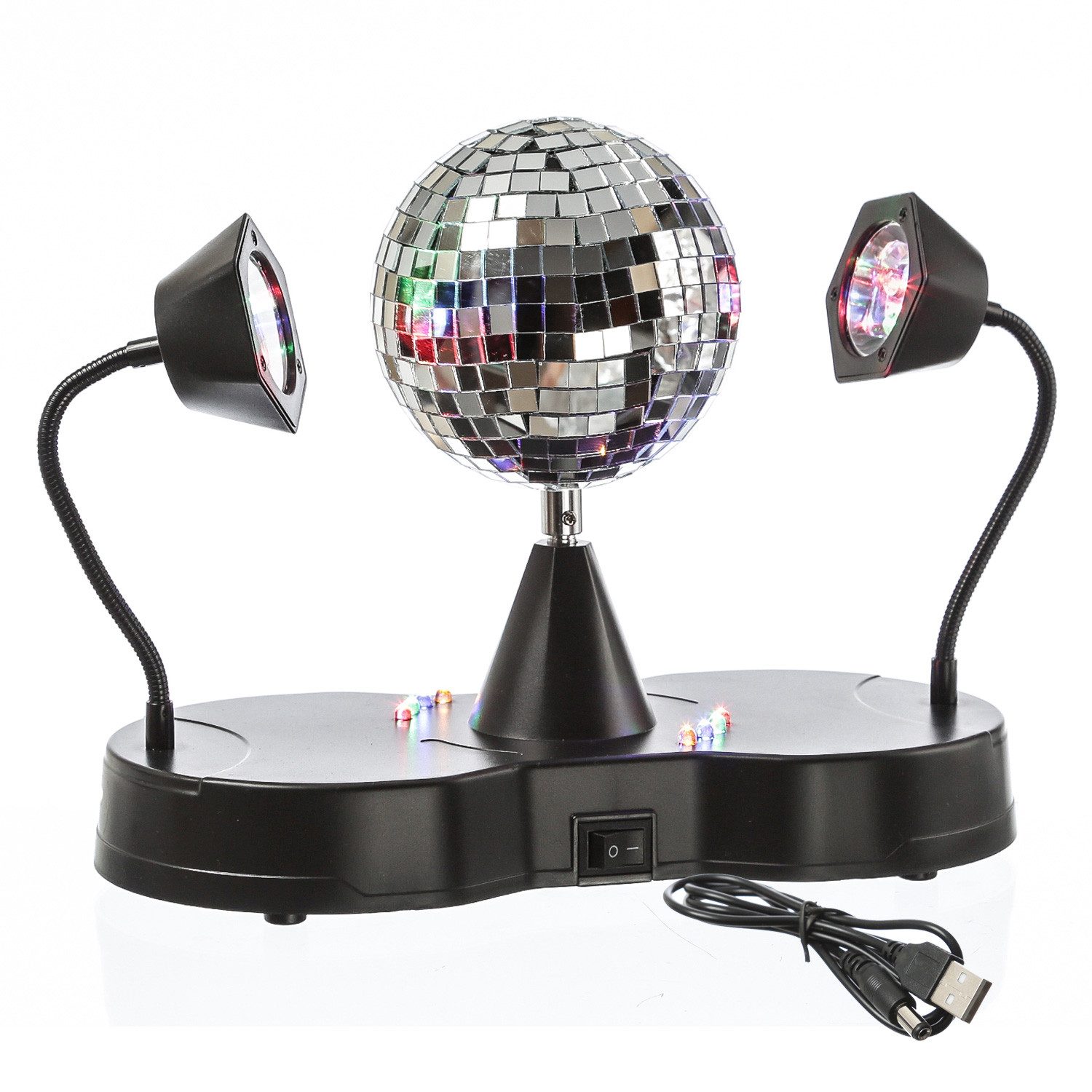 SATISFIRE Discolicht Spiegelkugel 2 LED Schwanenhals Spots Party Disco Effekt USB/Batterie, LED Classic, RGBA (rot, grün, blau, amber)