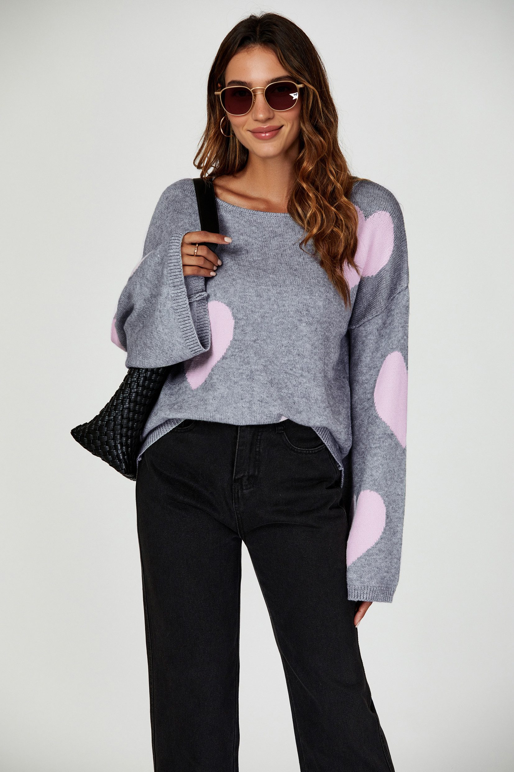 FS Collection Strickpullover Oversize Pullover mit weiten Ärmeln und Herzmuster – Strickwaren (Einheitsgröße: UK 8–12 / EU 36–40, 3 Farben : Rosa - Hellgrau - Dunkelgrau) 100 % Acryl