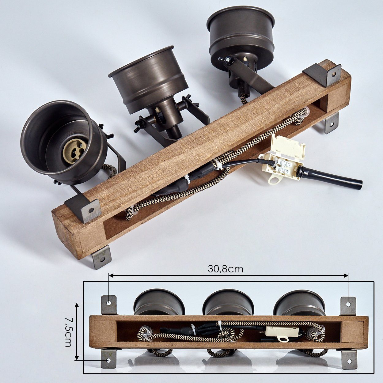 hofstein Deckenleuchte »Villanuova« Deckenlampe aus Metall/Holz in Schwarz/Braun, ohne Leuchtmittel, Retro-Leuchte, Holzbalken, verstellbare Strahler, 3xGU10 – Bild 5 von 5