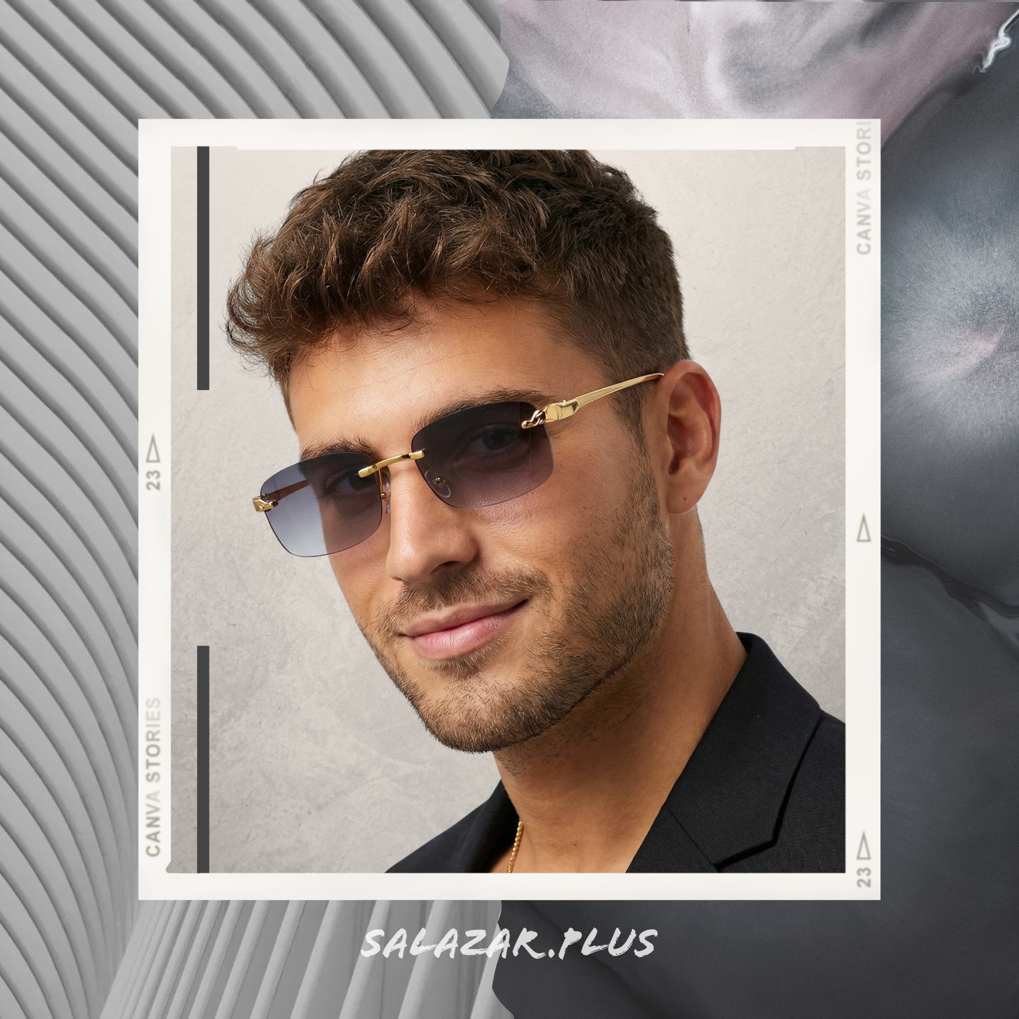 salazar.plus Sonnenbrille Premium Randlos Rechteckig Metallgestell Blau Braun Schwarz Grau Elegante randlose Metall-Sonnenbrille im modernen Rechteck-Design – Bild 3 von 3