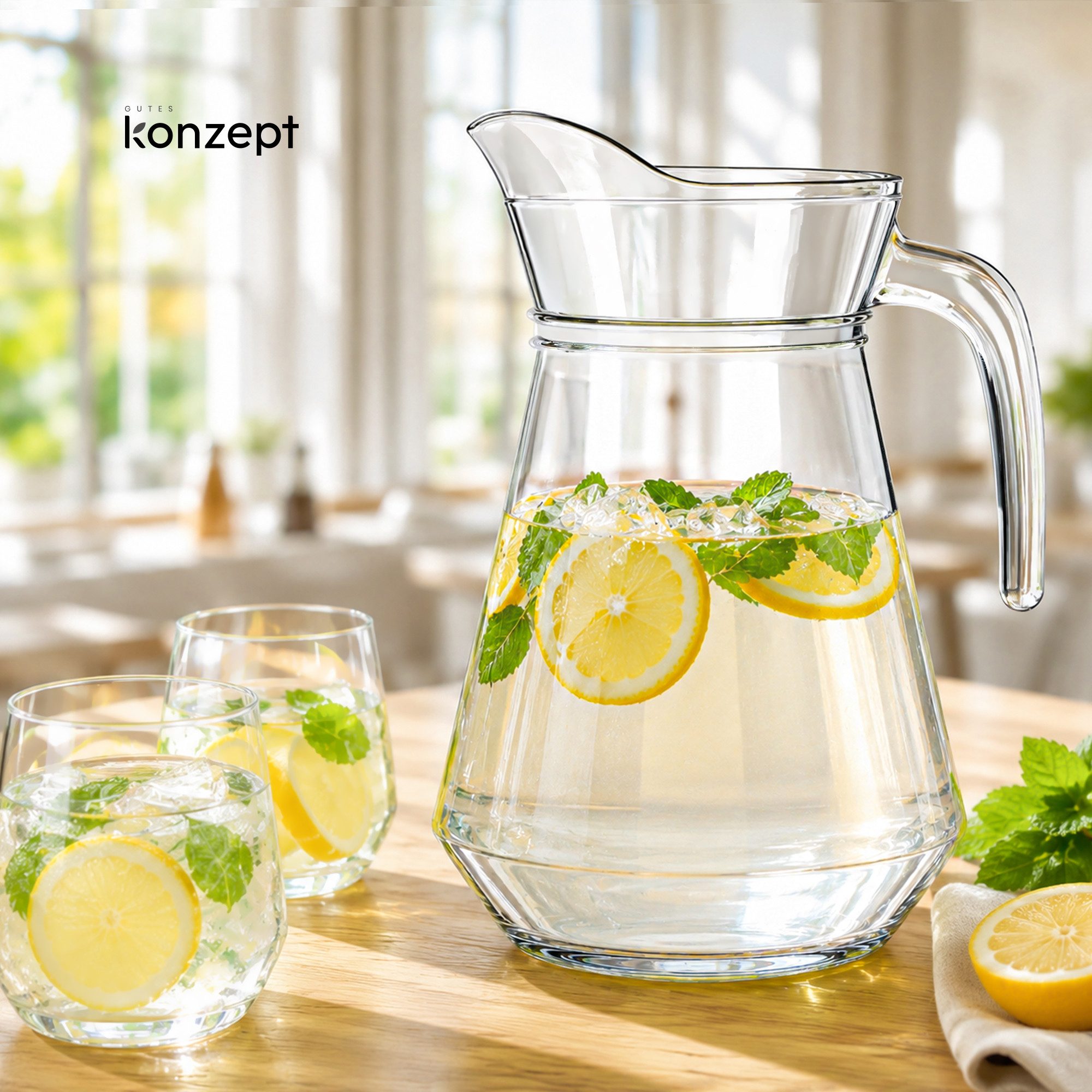 KONZEPT Wasserkrug aus robustem Glas mit Griff und Ausgießer, für Zuhause und Gastronomie, 1,25 L, Höhe 212 mm, Gesamtbreite 134 mm, Robustes Glas – Bild 5 von 5