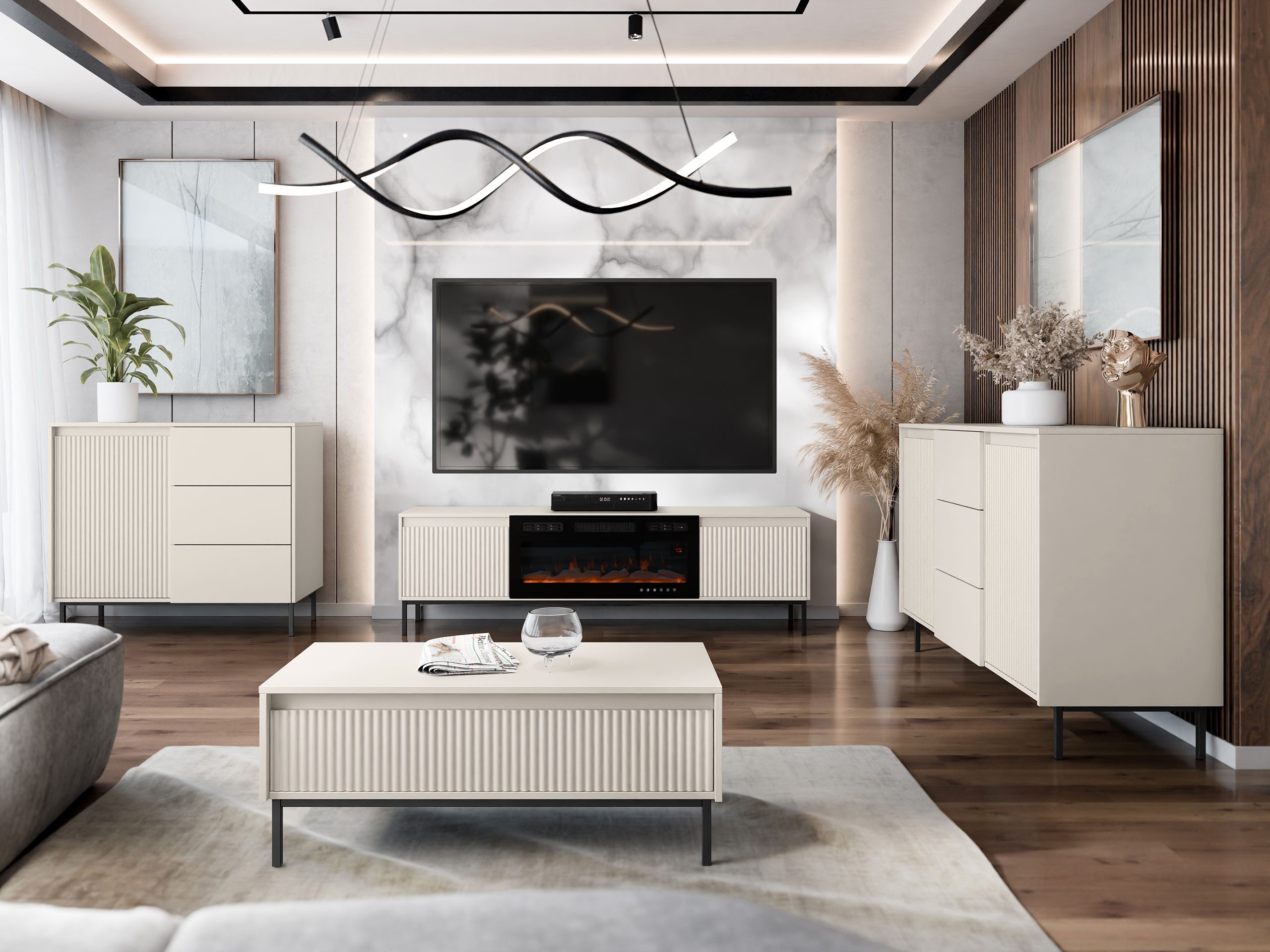 MIRJAN24 Wohnzimmer-Set Ozmi III, (2x Kommode, TV-Lowboard mit Kamin, Couch günstig online kaufen