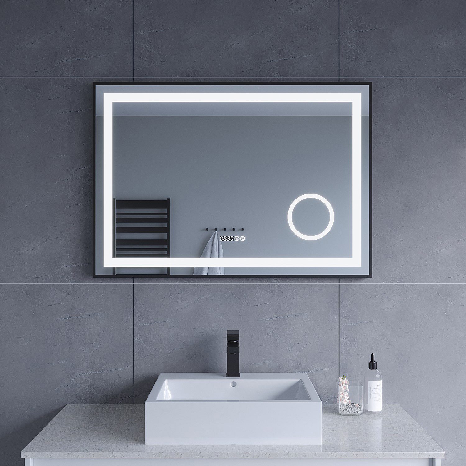 AQUABATOS Badspiegel Led Spiegel mit Beleuchtung Badspiegel Badzimmerspiegel Wandspiegel, Digital Uhr Kosmetikspiegel Beschlagfrei Kaltweiß Rechteckige Ecken