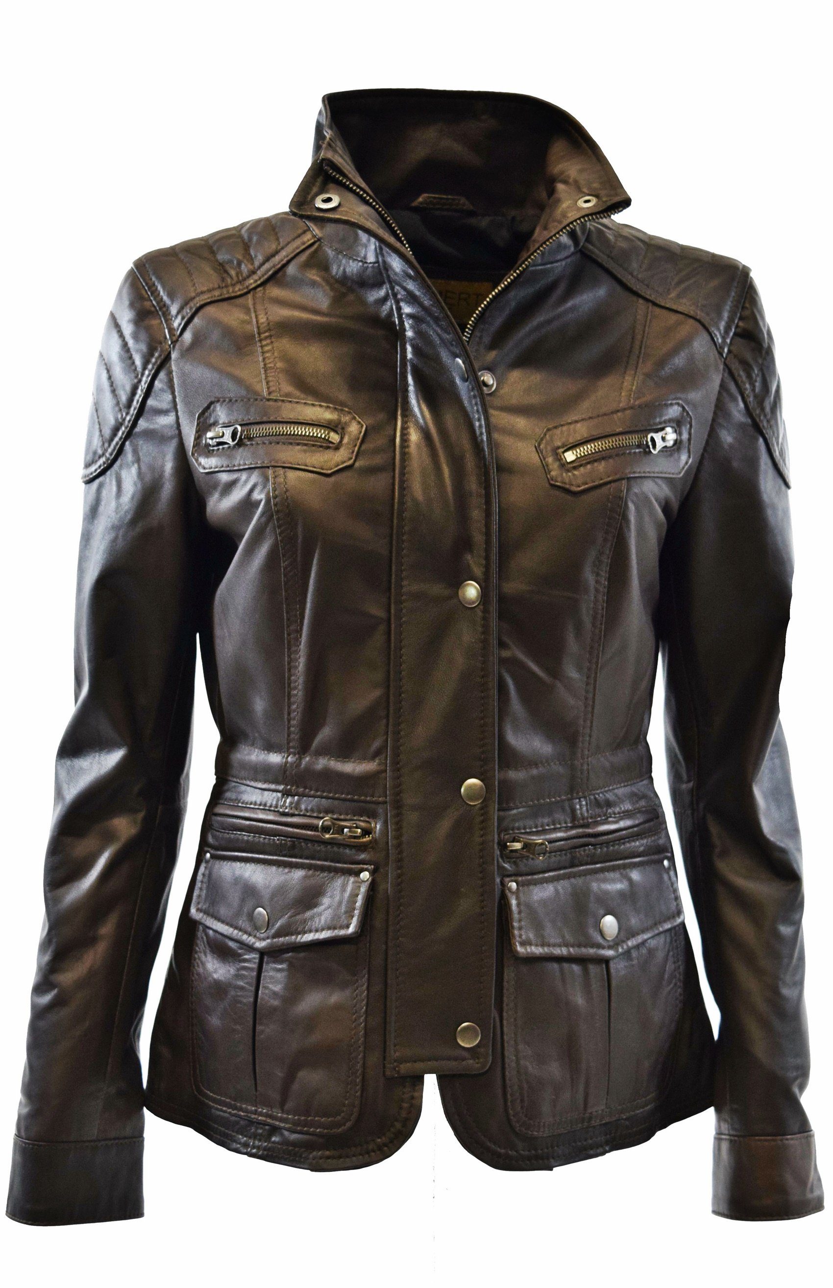 Zimmert Leather Lederjacke Lilli washed Lammnappa, Übergangsjacke, Cognac, Braun, Schwarz Tiefbraun