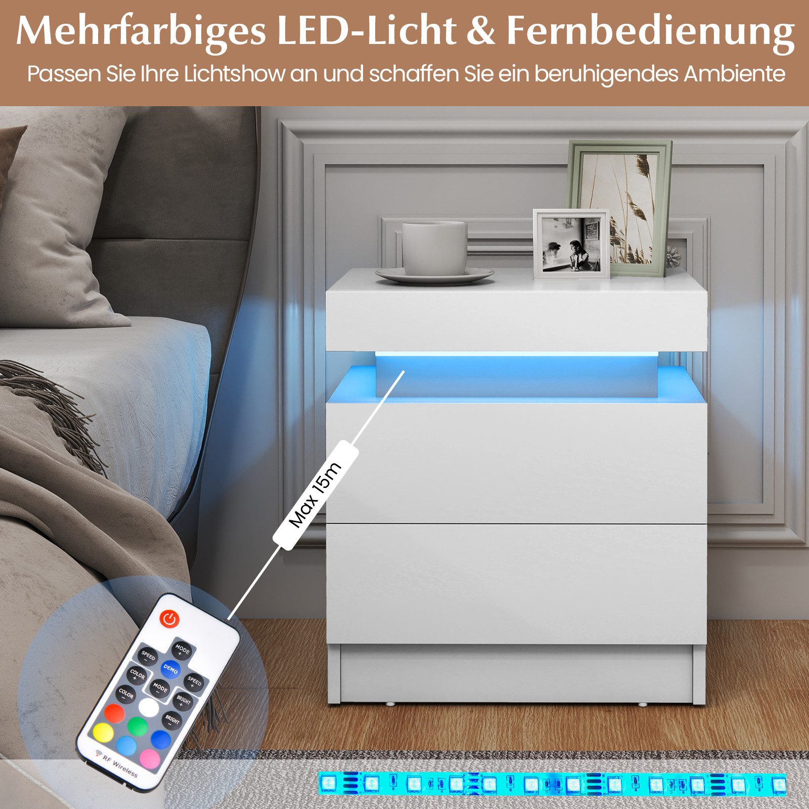 COSTWAY Nachttisch (1-St), LED, mit 2 Schubladen&Fernbedienung, weiß günstig online kaufen