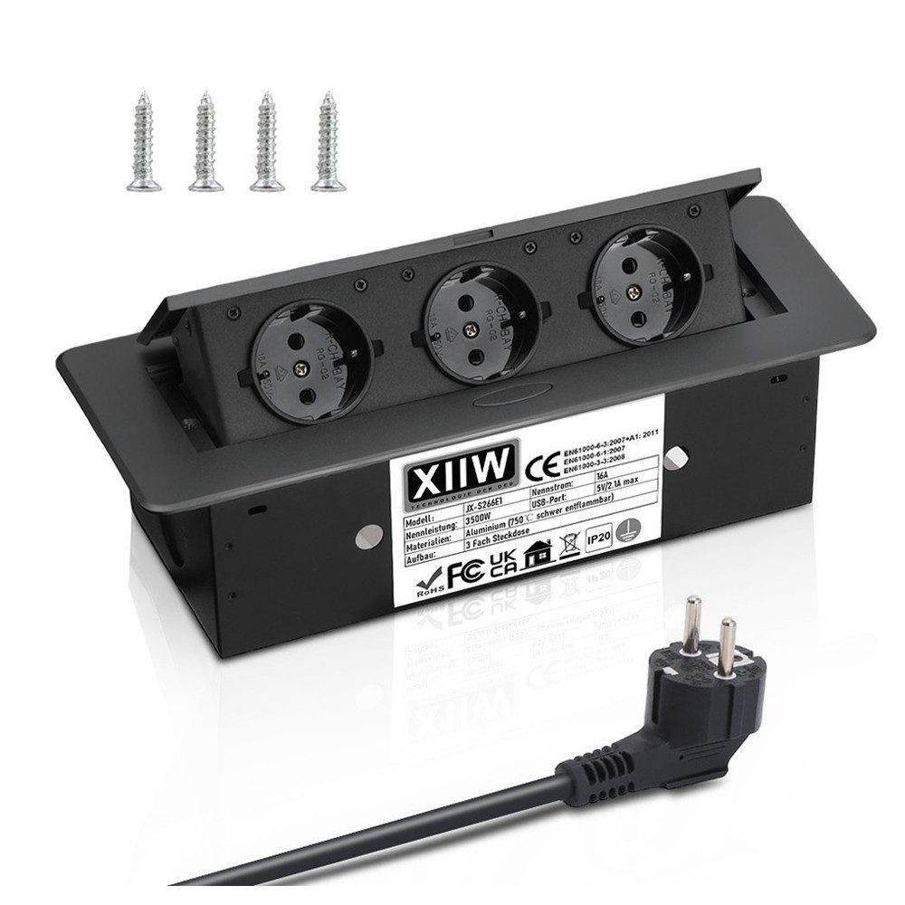 XERSEK Mehrfachsteckdose Versenkbare Unterbau Einbau-Tischsteckdosenleiste Mehrfachsteckdose 3-fach (Netzteil, USB-Anschluss, aus Aluminium, (inkl. Netzteil, Schutzkontaktstecker, Kabellänge 1.8 m), 3 Fach - 230V- 3500W - 26.5*11.8*6.5 cm - Schwarz, Kabellänge 1.8 m)