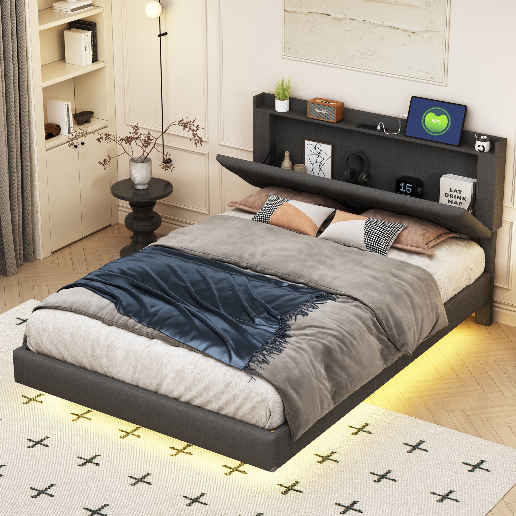 Flieks Polsterbett, LED Doppelbett 140x200cm mit Ladeanschluss und Stauraum günstig online kaufen