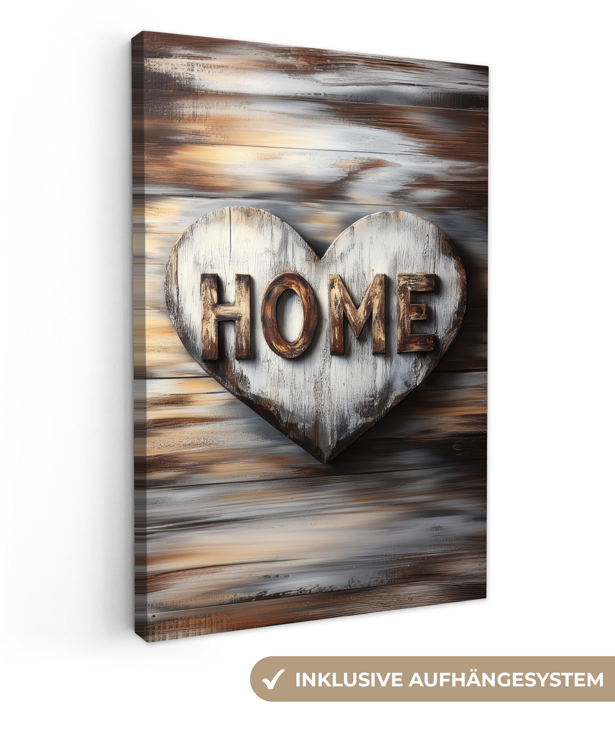 OneMillionCanvasses® Leinwandbild Zuhause - Herz - Holzoptik - Liebe, Fotodruck (1 St), Leinwand Canvas Wandbild, Wanddekoration 20x30 cm