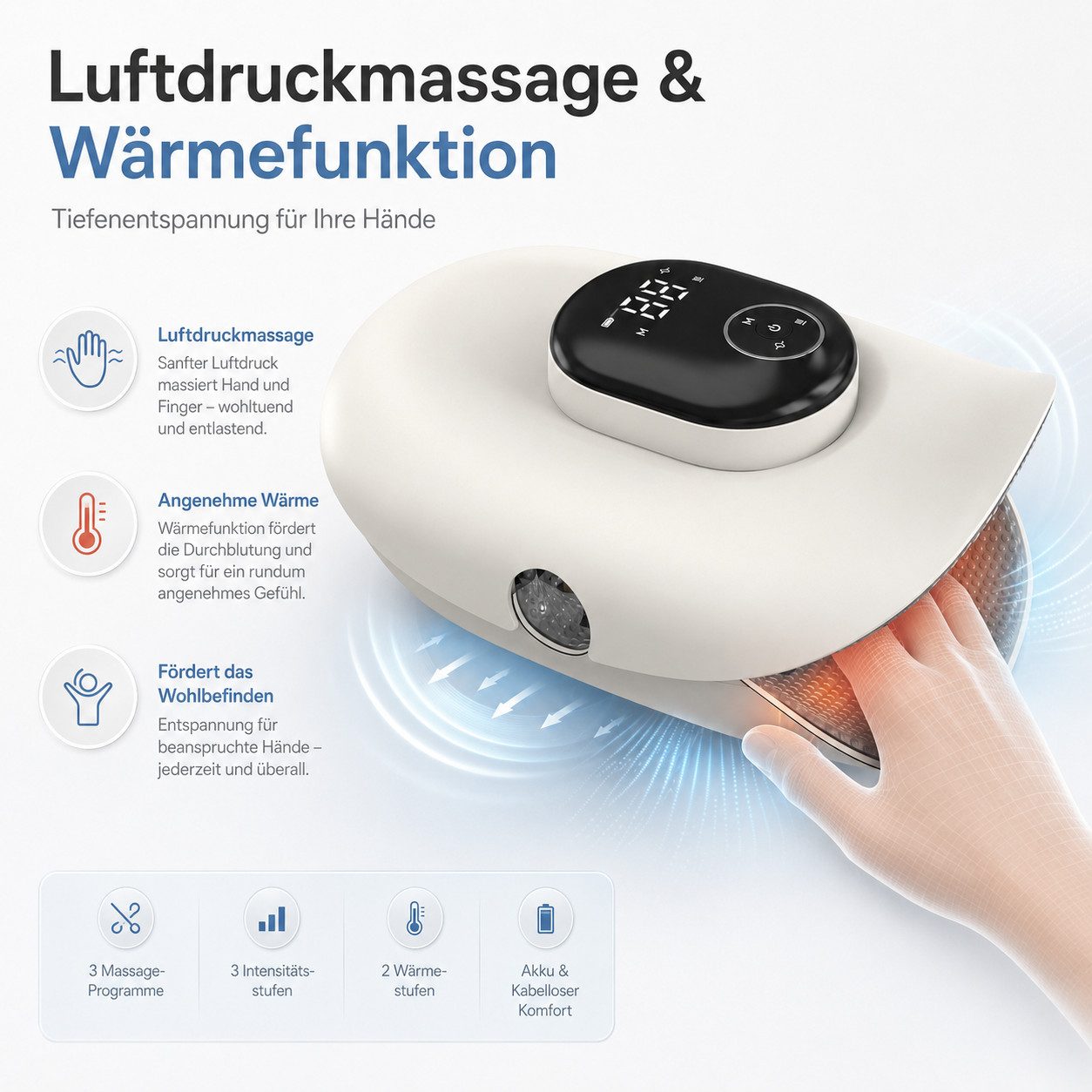 pedete Massagegerät Handmassagegerät mit Wärme & Kompression Elektrischer Handmassager, Kabelloser Hand Massager Schmerzlinderung für Finger, 4 Programme, 5 Dru – Bild 2 von 5