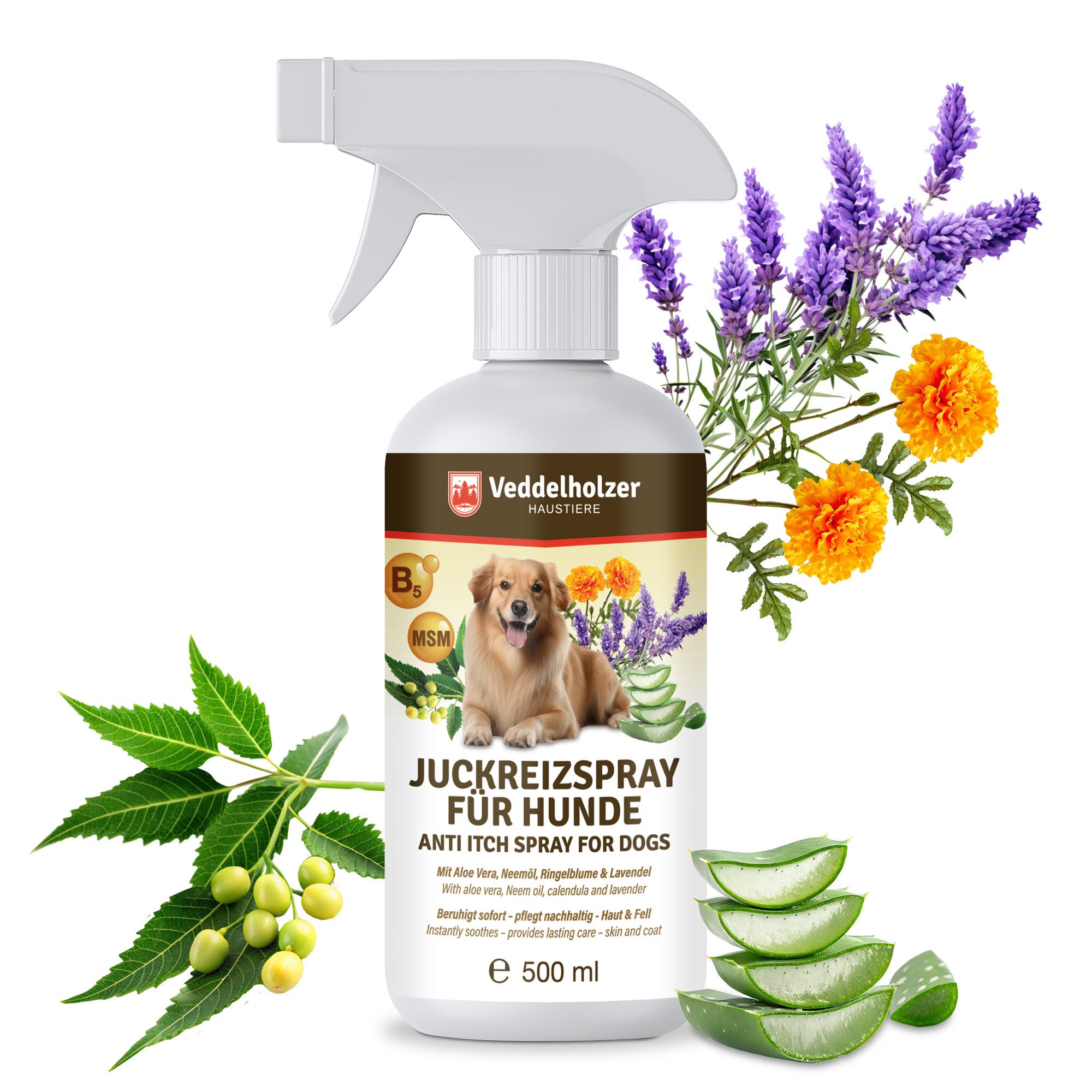 Veddelholzer Fellpflege 500 ml Juckreizspray für Hunde Beruhigendes Pflegespray bei Juckreiz, 500 ml, (Hautirritationen Mit Mikro-Silber, Aloe Vera & Ringelblume), pflegend & feuchtigkeitsspendend Für alle Felltypen
