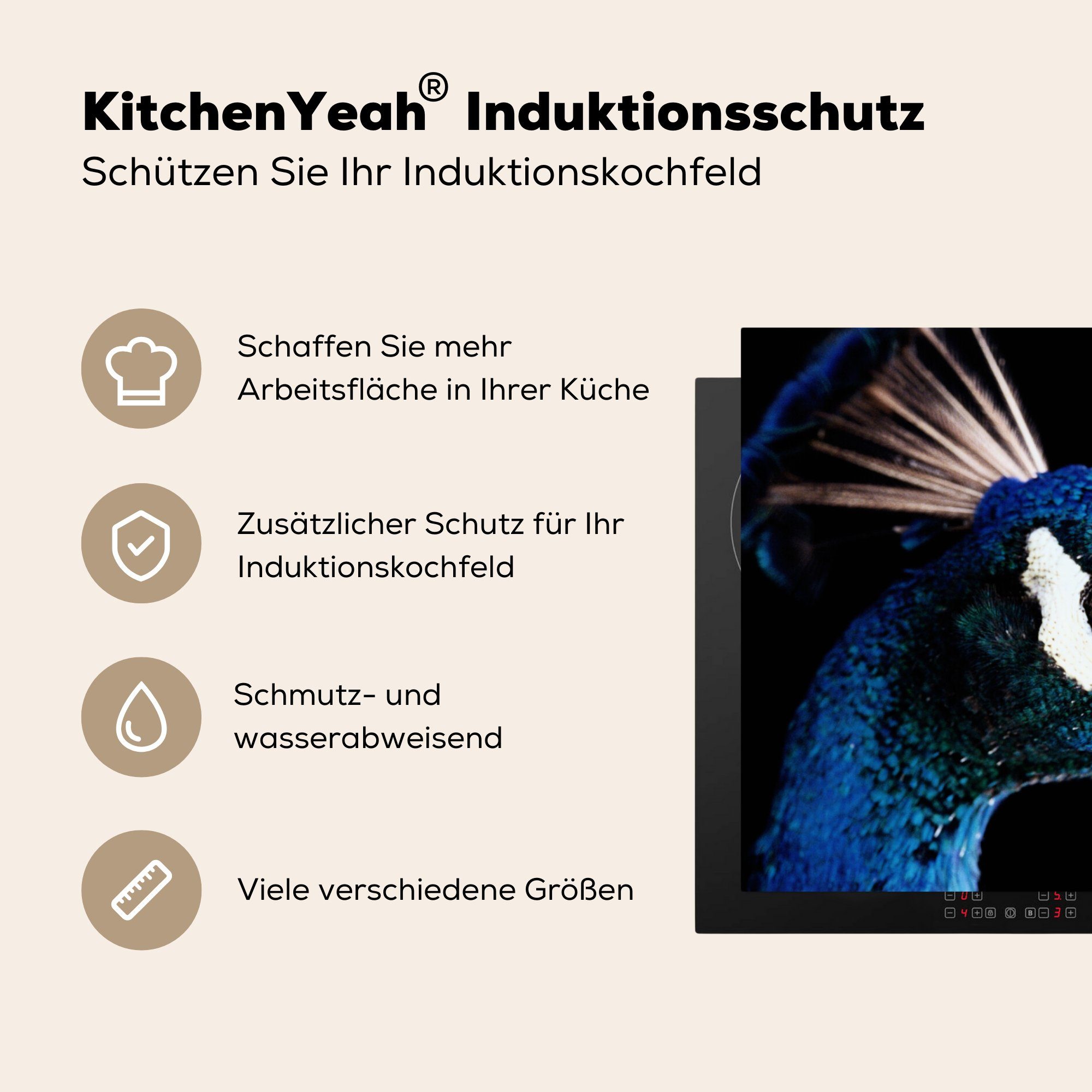 MuchoWow Herdblende-/Abdeckplatte Schutz die - Tier Induktionskochfeld Ceranfeldabdeckung (1 küche, für Pfau tlg), cm, Blau, - Vinyl, 81x52