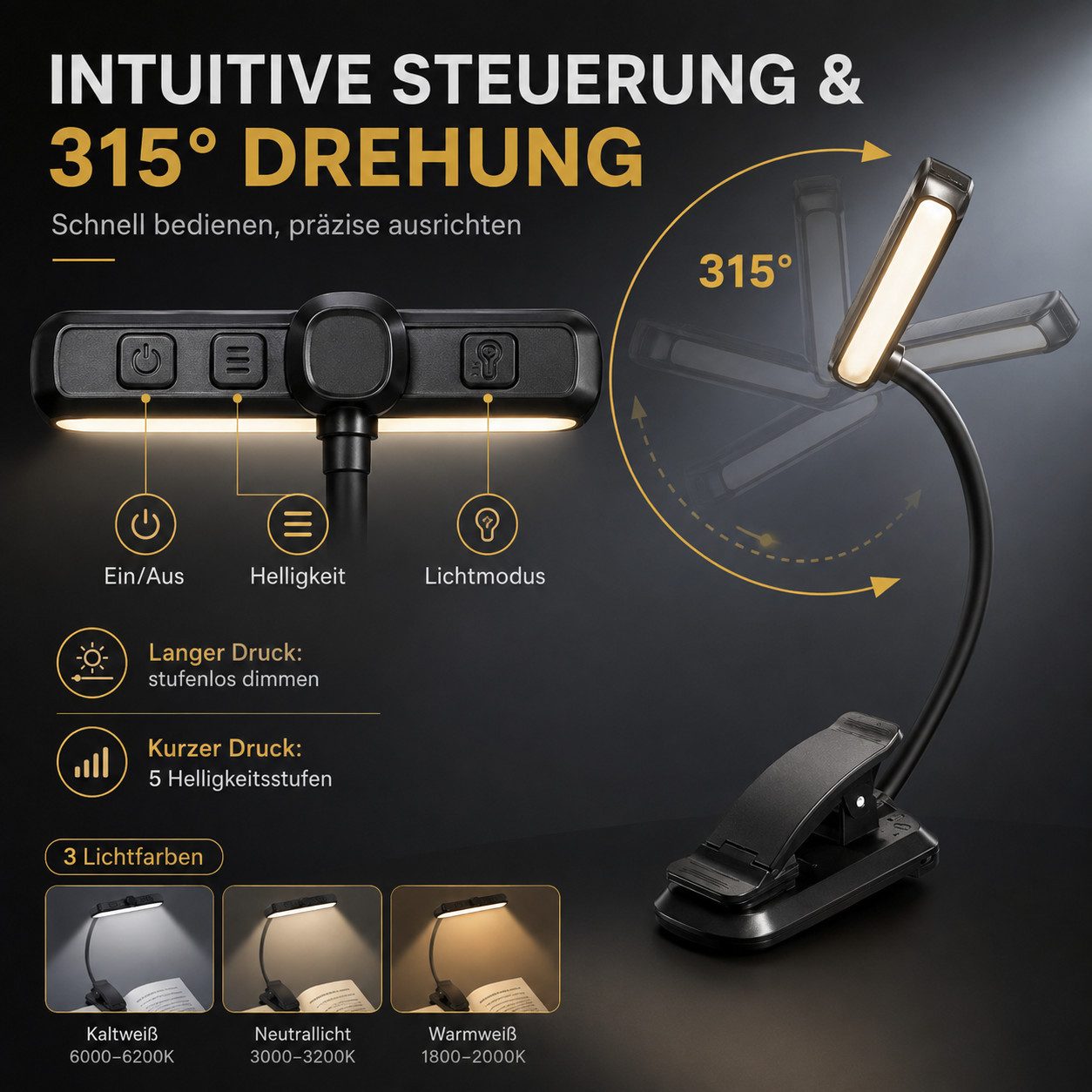 Fyrove LED Leselampe LED Leselampe mit Klemme, 24 LEDs, 3 Lichtfarben 5 Helligkeitsstufen, stufenlos dimmbar, 1000 mAh Akku, USB-C, 315° drehbare Klemmleuchte,  – Bild 2 von 5
