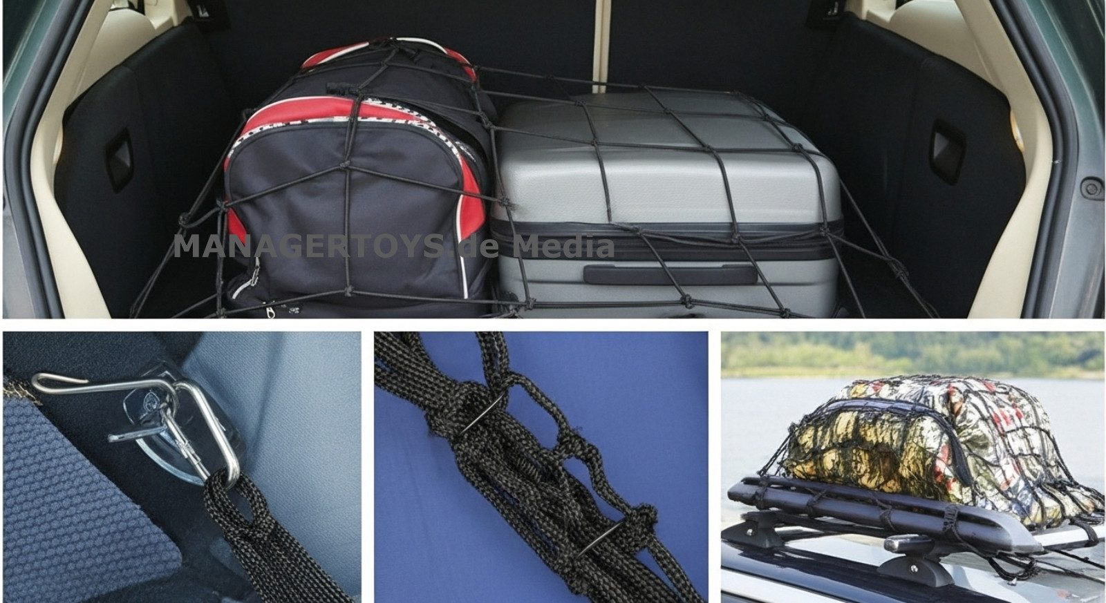 Petex Schutznetz Gepäcknetz Sicherung flexible 95 x 95 cm Kofferraumnetz 12 Haken