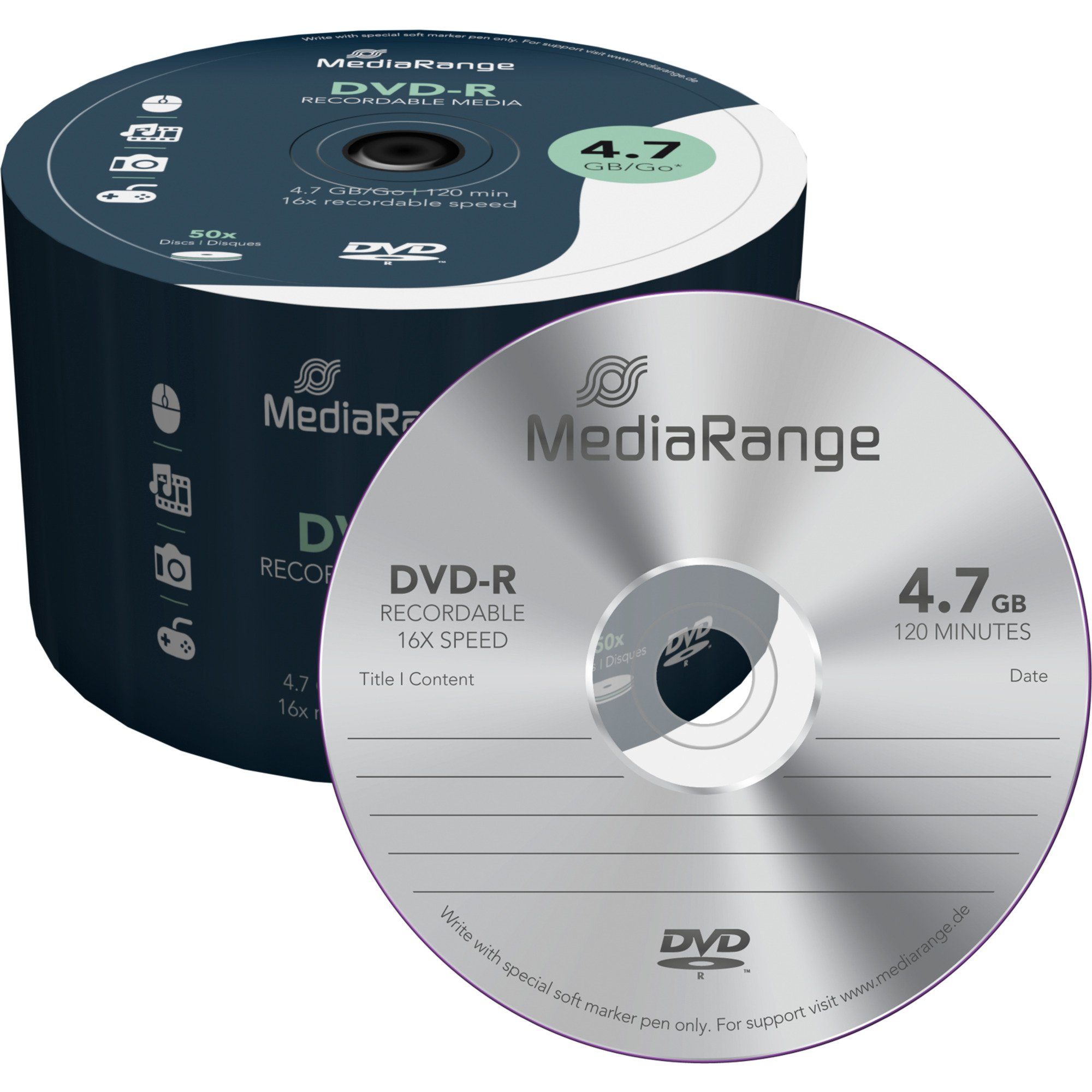 Mediarange DVD-Rohling MediaRange DVD-R 4,7 GB, DVD-Rohlinge, (16fach, 50