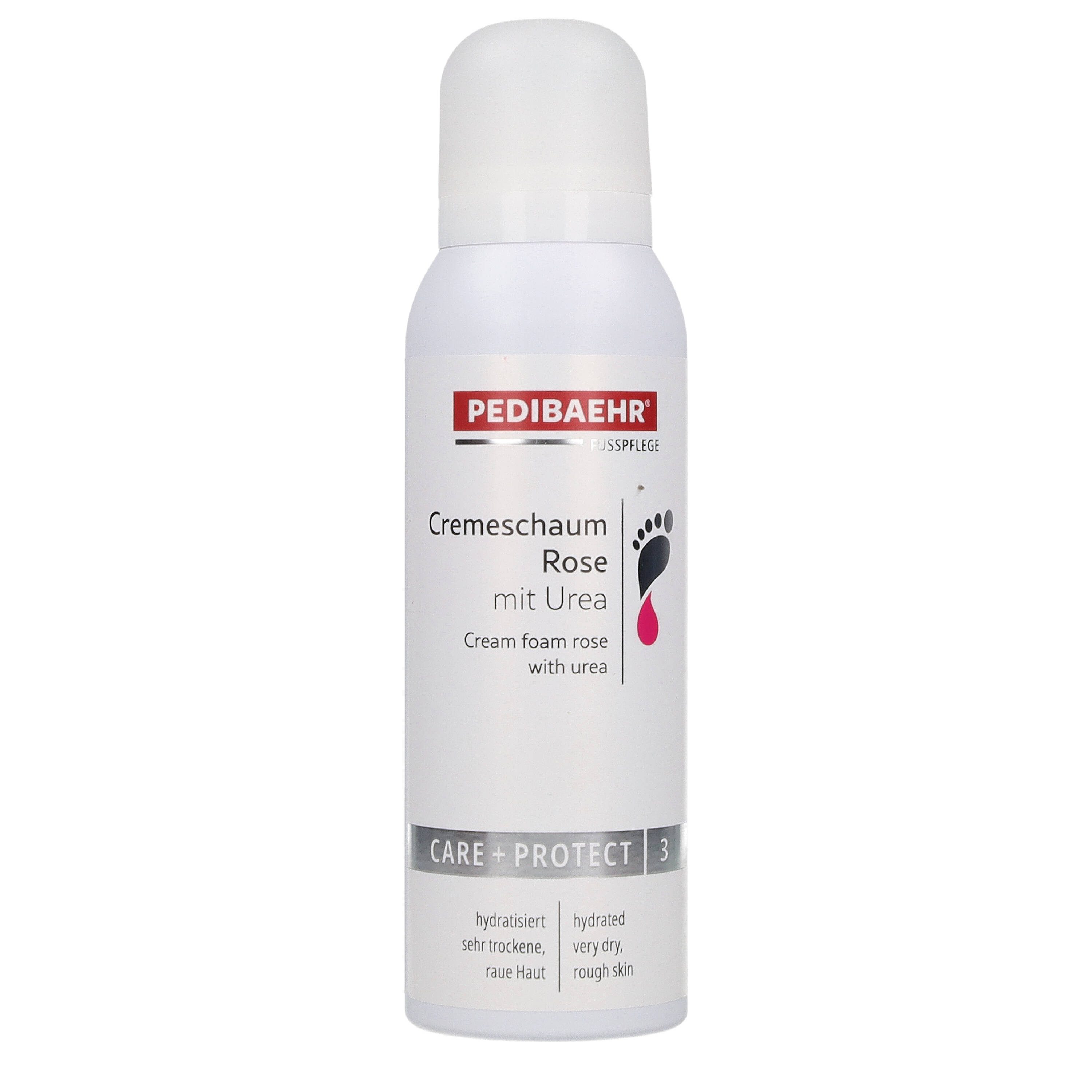 Pedibaehr Fußschaum Pedibaehr Fuß-Cremeschaum Rose 125ml für besonders trockene Haut, 1-tlg., mit Pfirsichkernöl, Hyaluronsäure und 10% Urea