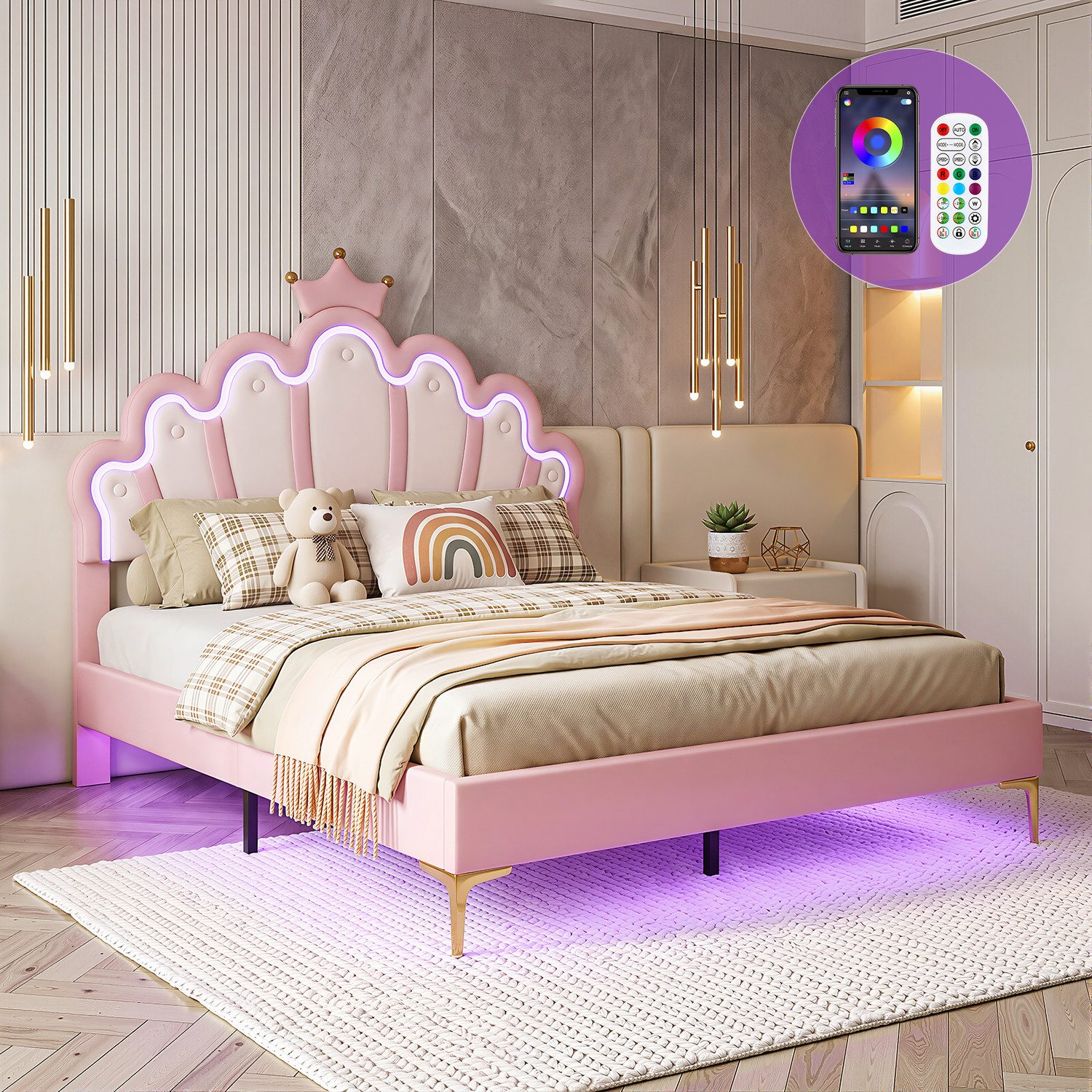 oyajia Polsterbett LED Kinderbett mit krone-Form Prinzessinnenbett (PU-Leder material Polsterbett mit Lattenrost und verstellbares gepolstertes Kopfteil), Modernes Jugendbett, Leises Design, Einfach zu montieren und stabil