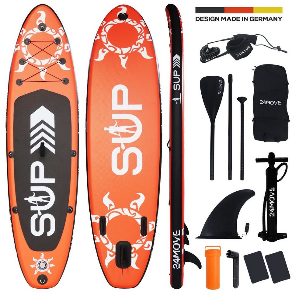 24Move SUP-Board Supboard Set, Premium Stand Up Paddleboard aufblasbar,  inkl. Zubehör, Longboard, (Rucksack, Paddel, Action Cam ready, Doppelhub  Pumpe, Sicherungsleine, 6 tlg., für Kinder & Erwachsene, ROT, 320x76, bis  180 kg), mit