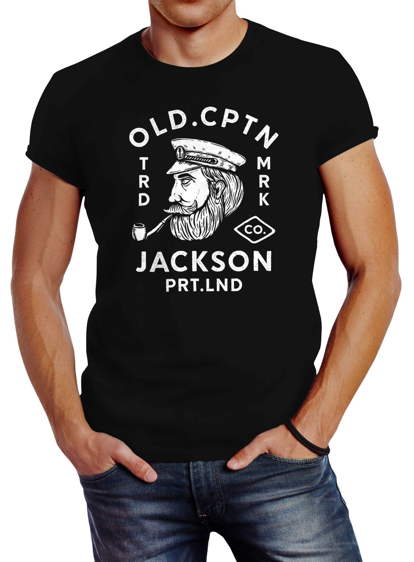Neverless Print-Shirt Neverless® Herren T-Shirt Kapitän Motiv Aufdruck Old Cptn Jackson Retro Print-Shirt mit Print schwarz