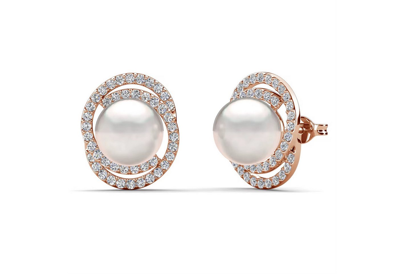 ROUGEMONT Perlenohrringe Extravagante Damen Perlen Ohrstecker mit Zirkonia Besatz 8mm, Hypoallergen für empfindliche Haut