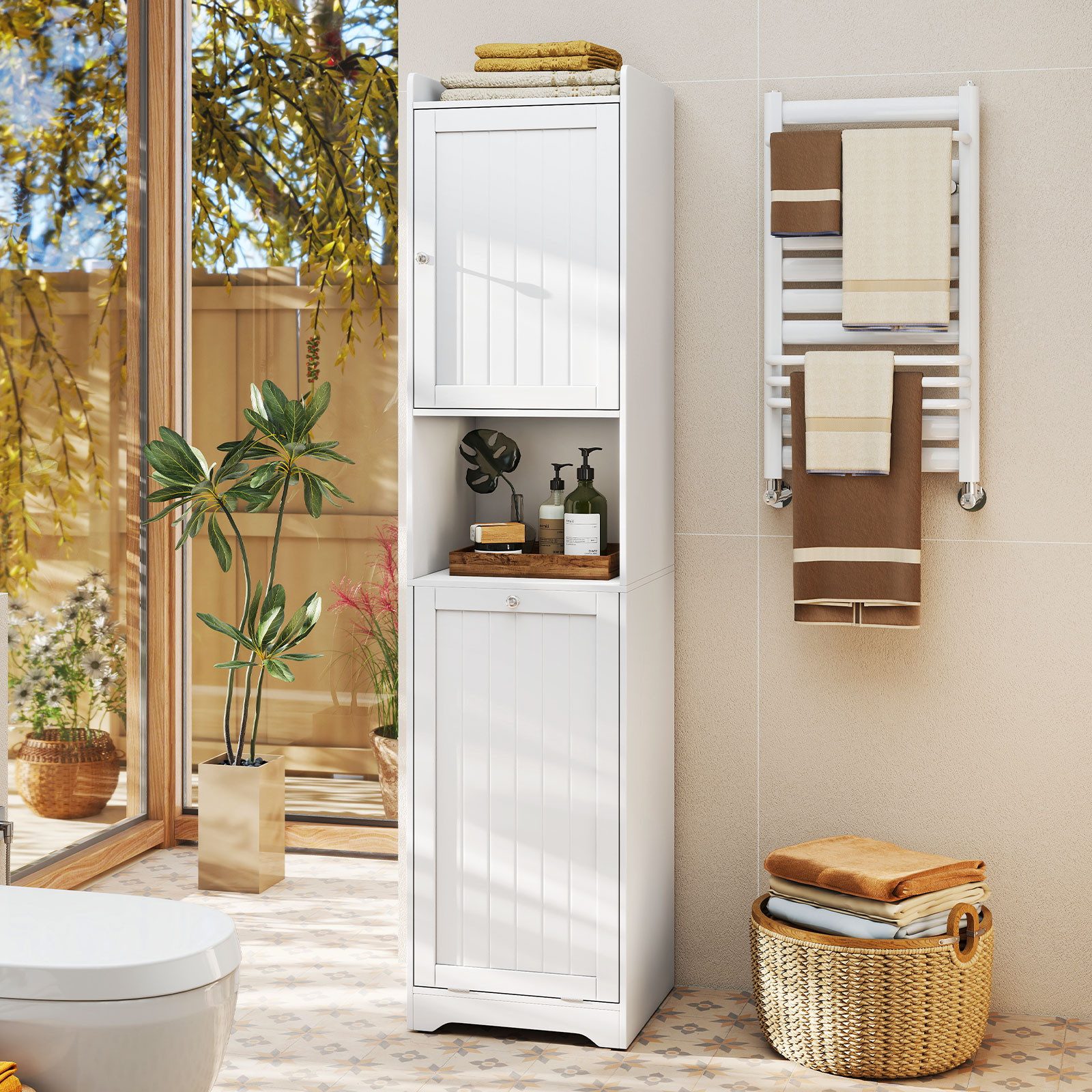 COSTWAY Badkommode, Hochschrank mit Wäschekorb, Stauraum, 170cm