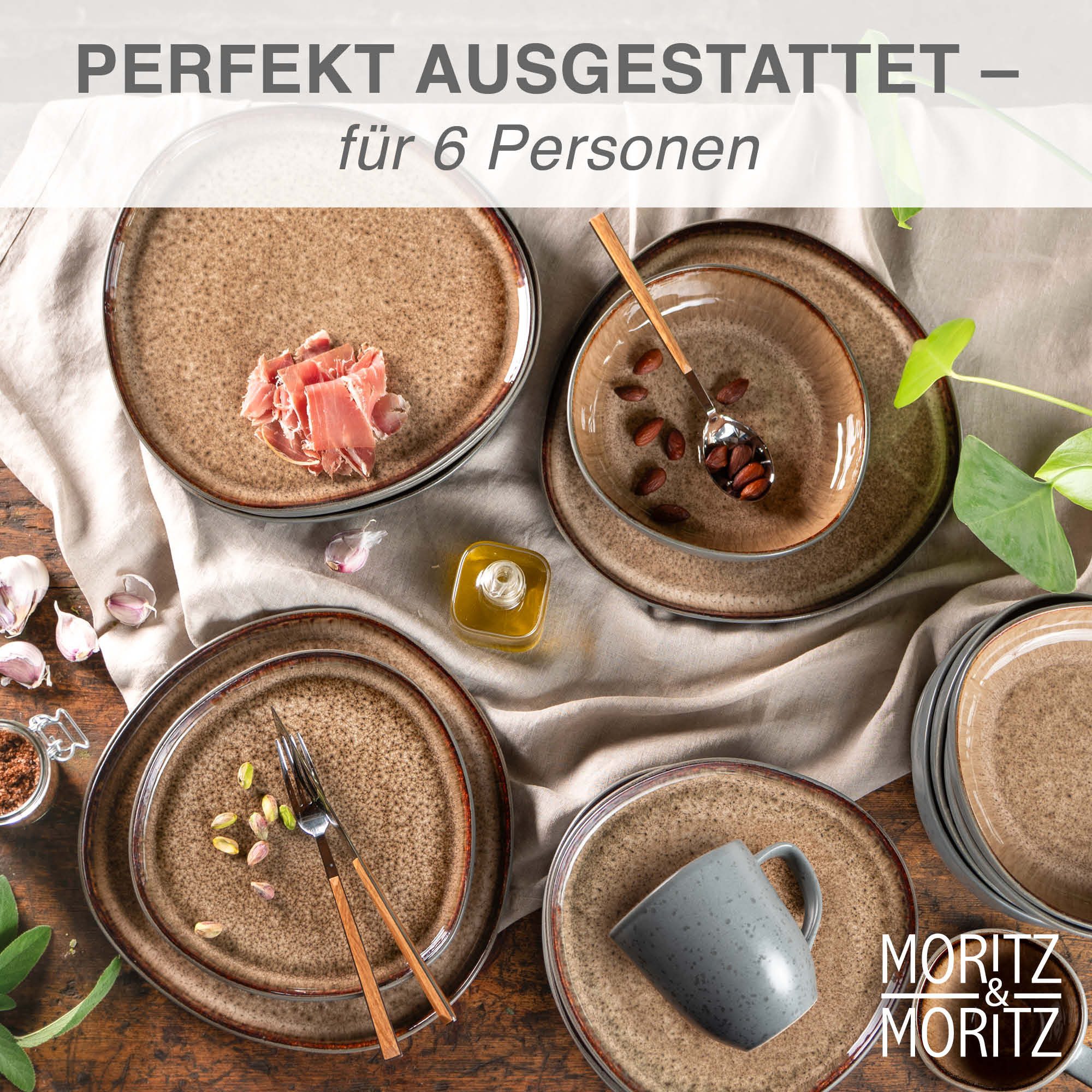 Moritz & Moritz Kombiservice ORGANIC beige Geschirrset (18-tlg), 6 Personen, Steinzeug, Kombigeschirr für 6 Personen