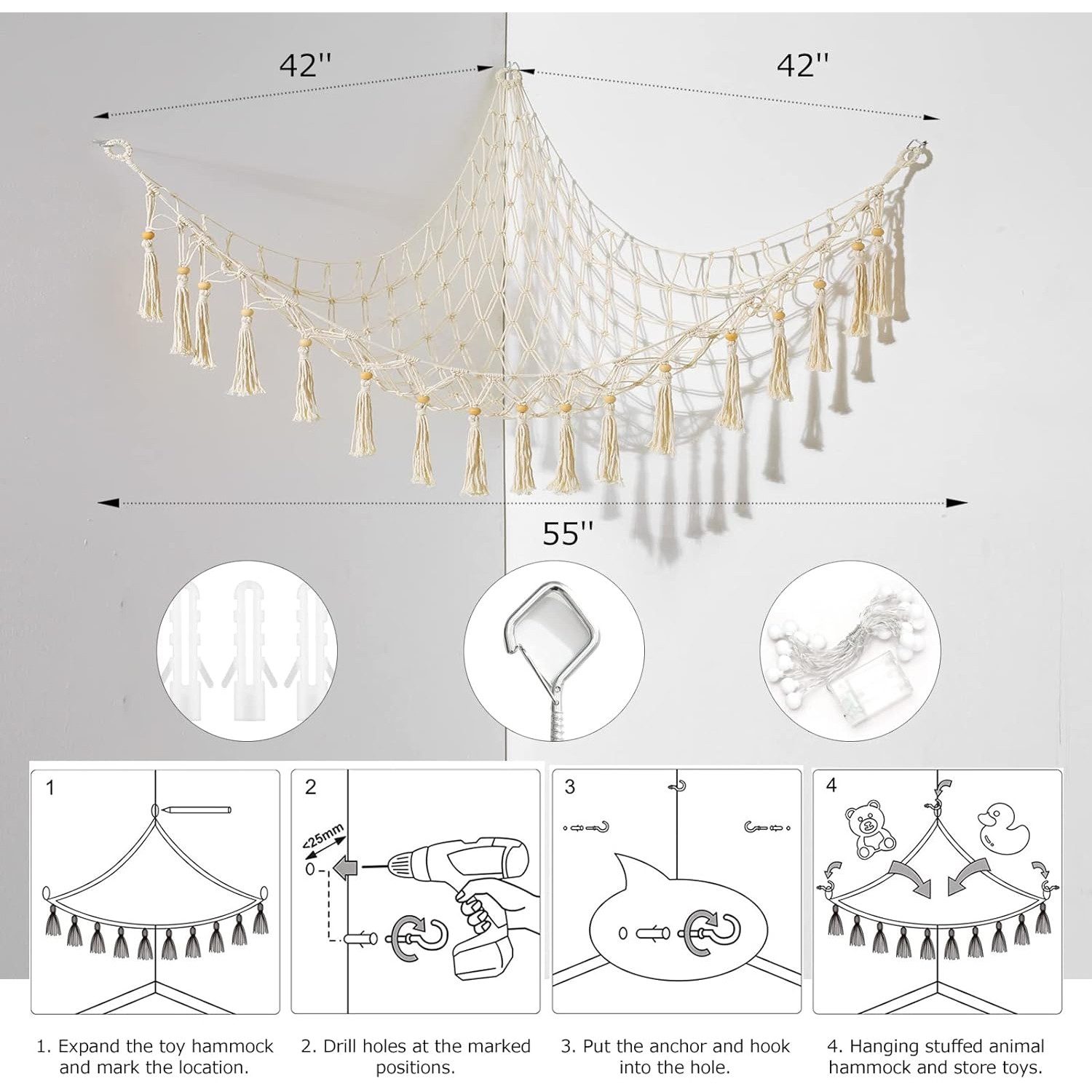 NUODWELL Toy Chest Storage Net Hanging Toy Organizer Stuffed Animal Hammock, for Stuffed Animals Teddy Bear Corner Toy Bedroom Children's Room