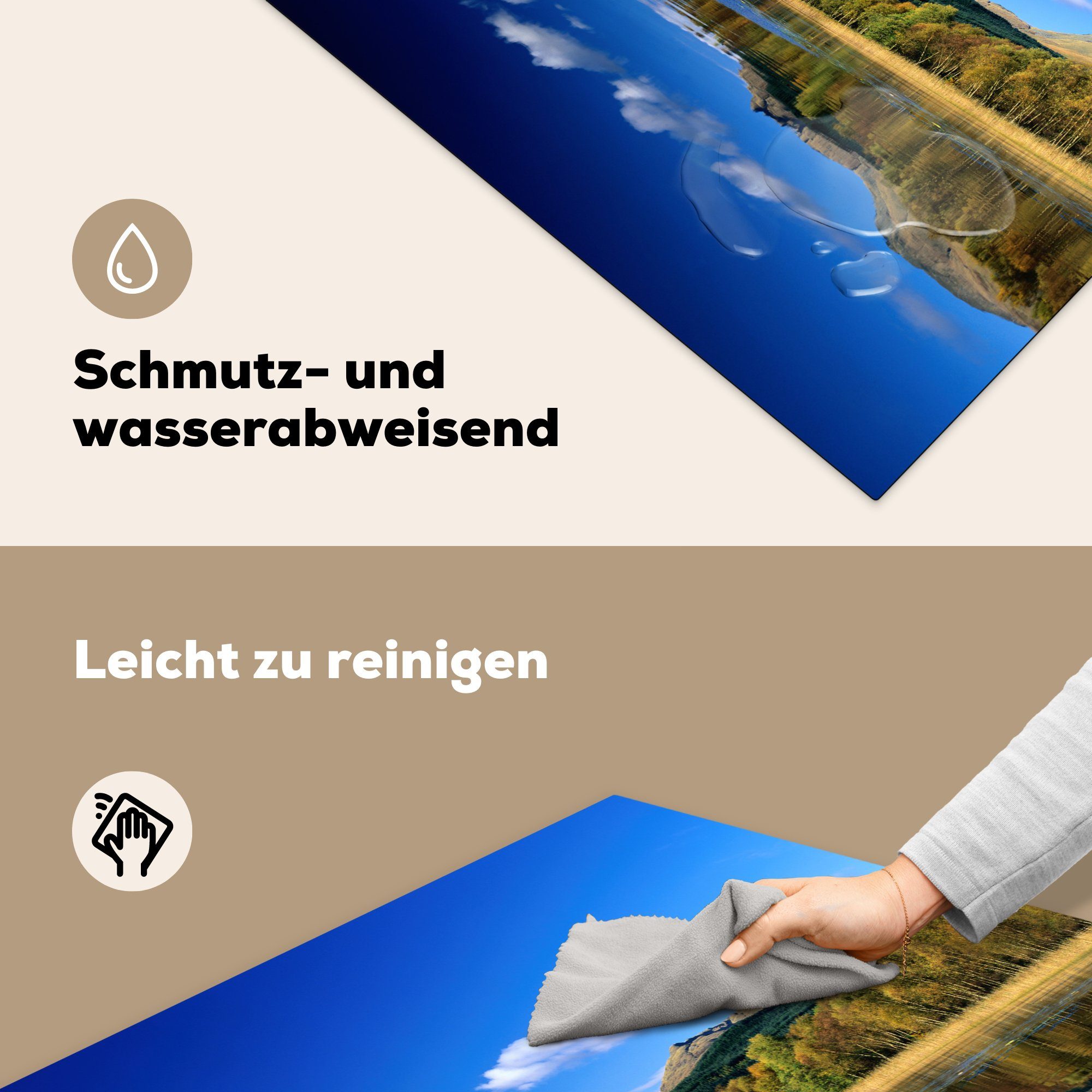 tlg), Schottland, Arbeitsplatte dem MuchoWow Lomond 78x78 Loch Berge der über See Herdblende-/Abdeckplatte cm, für (1 in küche Ceranfeldabdeckung, Vinyl, Spiegelungen