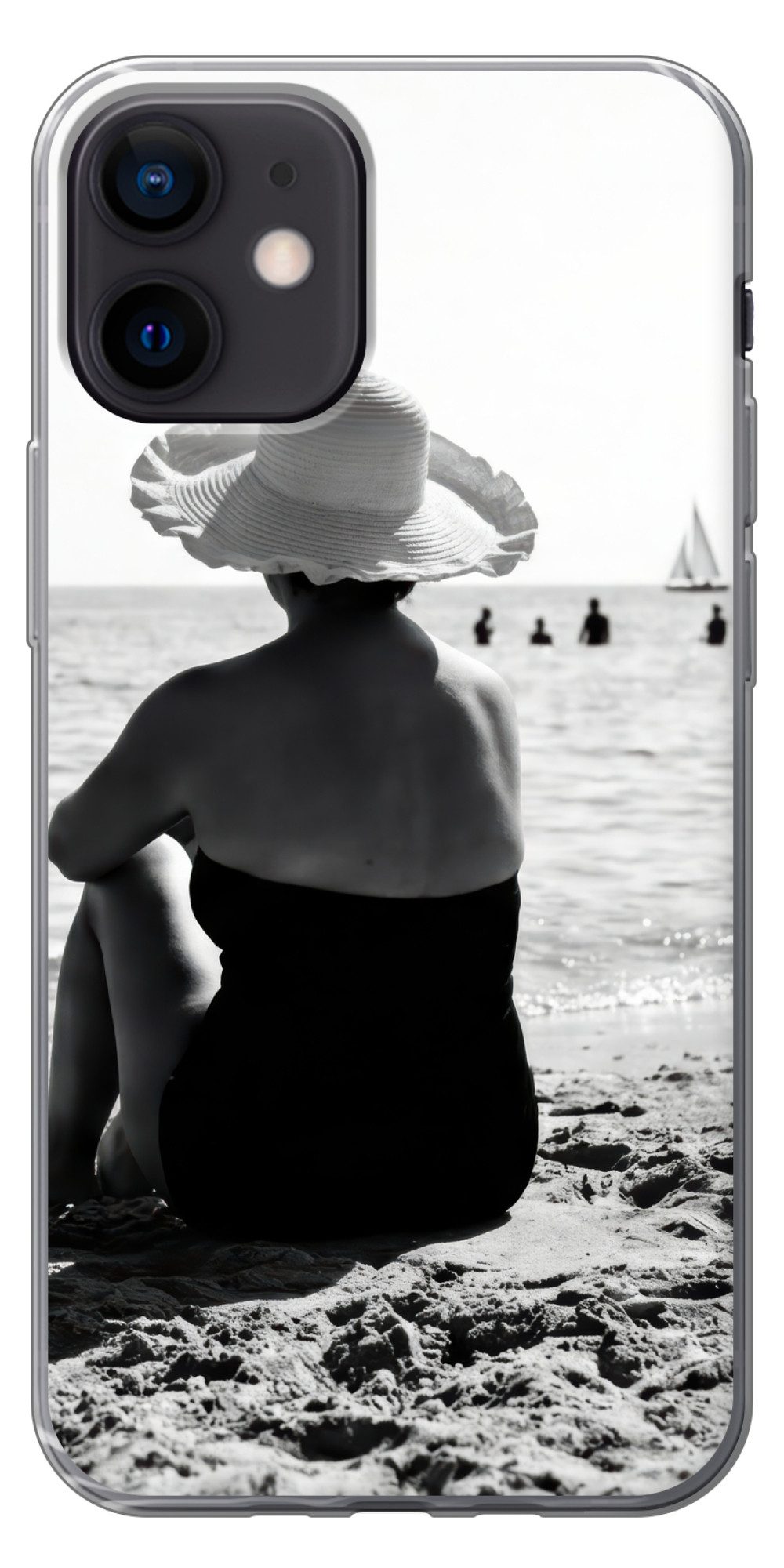 MuchoWow Handyhülle für Apple iPhone 12 Pro Frauen - Sonnenhut - Strand - Schwarz - Weiß, Smartphone-Bumper, Print, Handy Schutzhülle Dünn