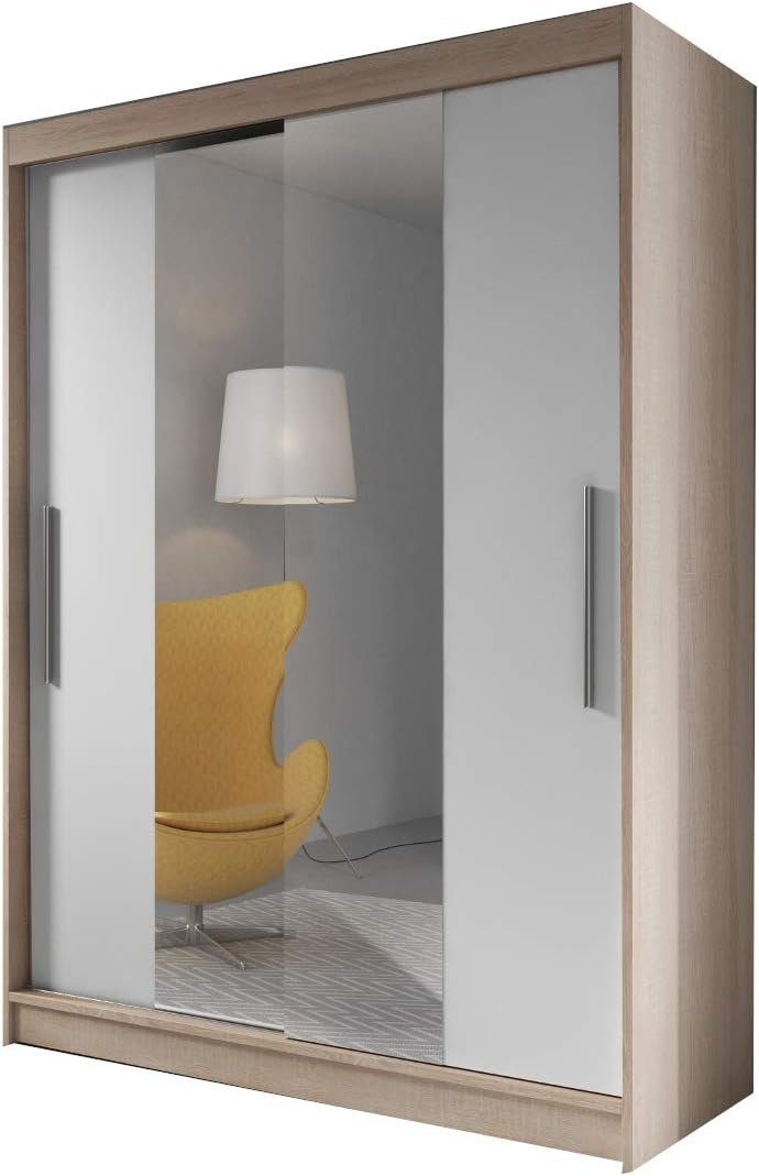 MOEBLO Kleiderschrank LARA 01 (mit Spiegel Schwebetürenschrank 2-türig Schrank mit vielen Einlegeböden und Kleiderstange, Gaderobe Schiebtüren Schlafzimmer-Wohnzimmerschrank Modern Design) (BxHxT): 150x200x61 cm Sonoma + Weiß