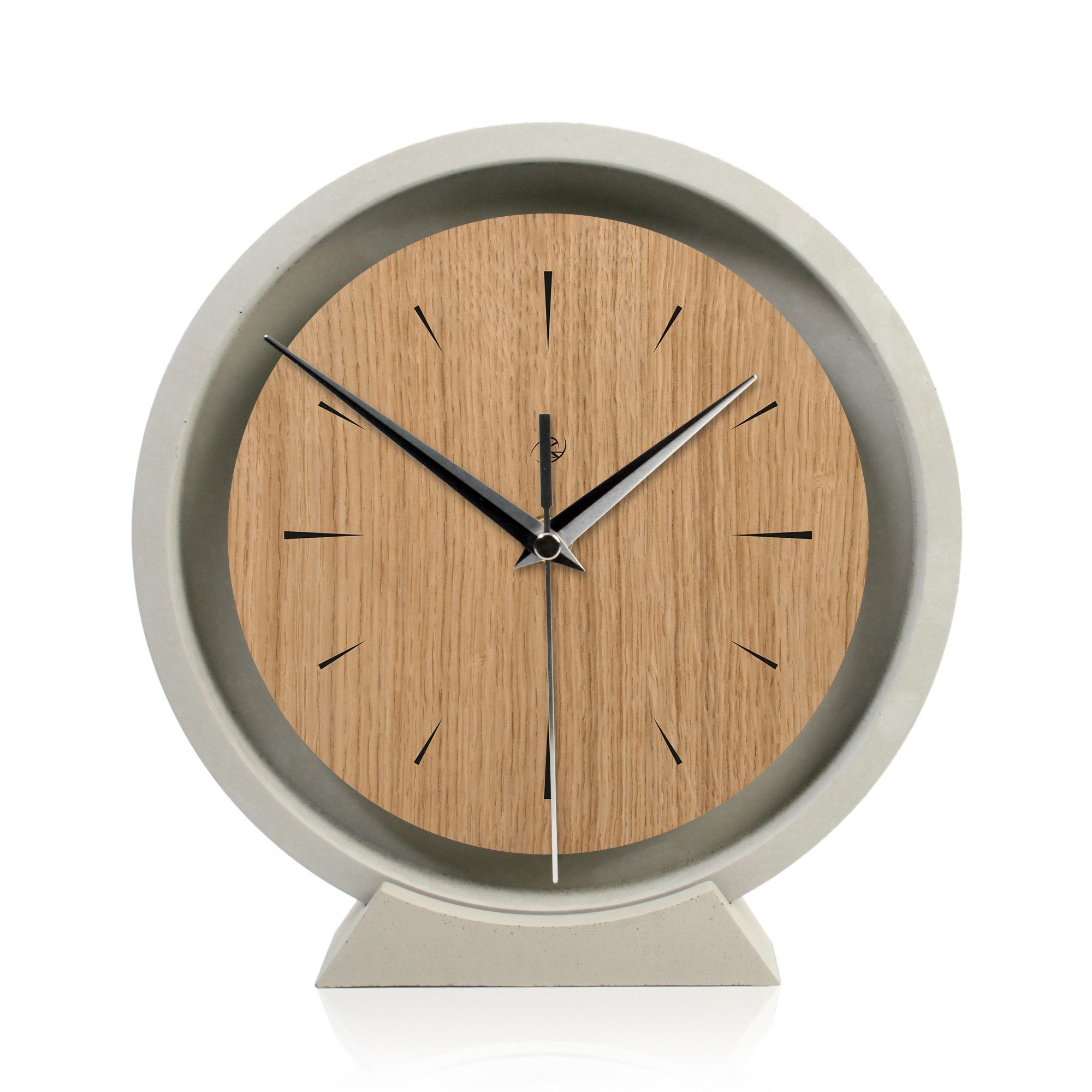 Kreative Feder Standuhr Tischuhr aus Beton im Industrial Look mit exklusivem Echtholzdekor, Minimalistische Deko-Uhr mit flüsterleisem Uhrwerk (Funk o. Quarz)