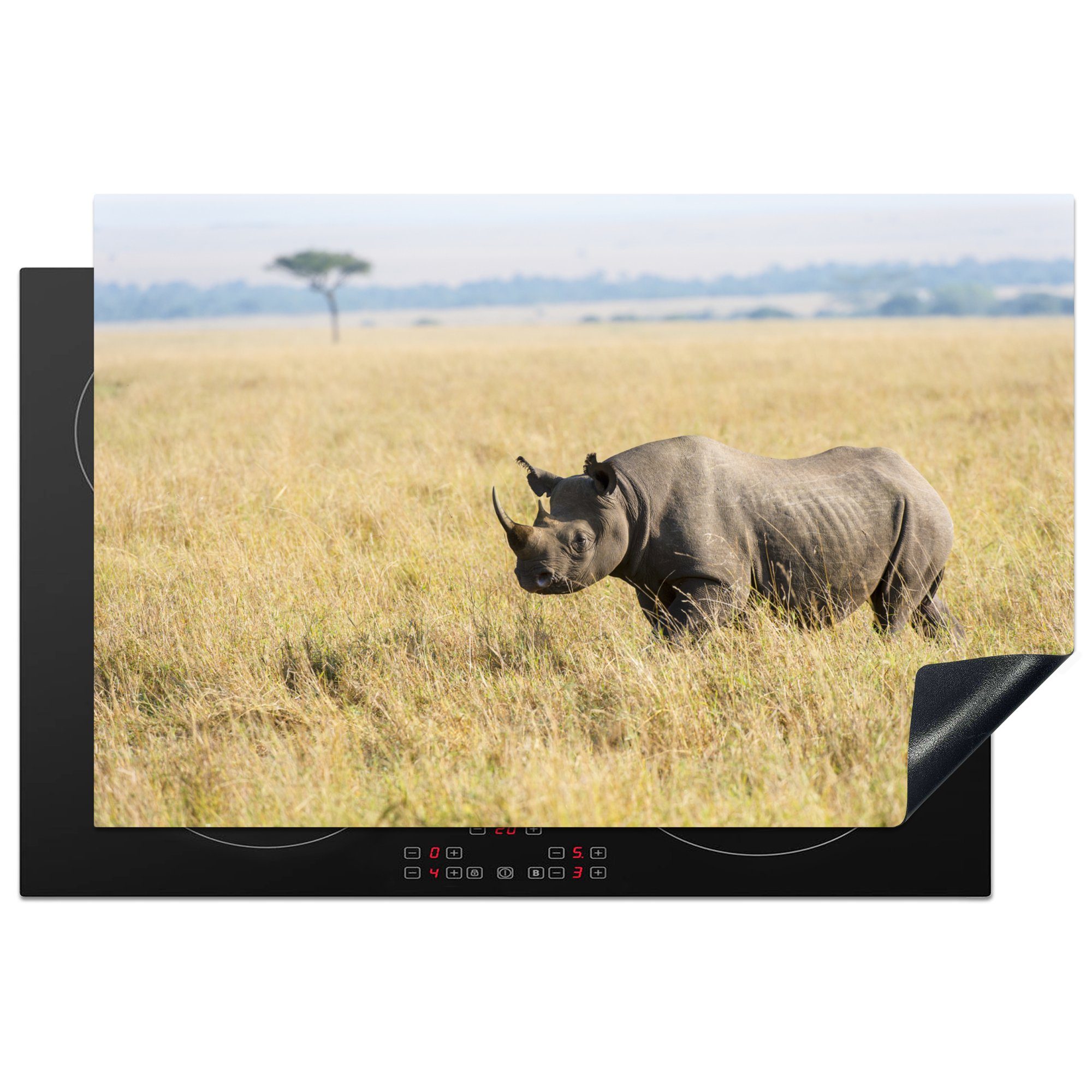 MuchoWow Herdblende-/Abdeckplatte Rhinozeros tlg), Ceranfeldabdeckung für Vinyl, (1 die 81x52 Induktionskochfeld küche, cm, Afrika - - Schutz Savanne