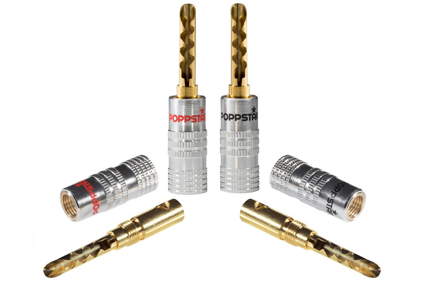 Poppstar Hohl Bananenstecker / Bananas für Lautsprecherkabel (bis 6mm) Audio-Adapter, für Lautsprecher, AV Receiver (Kontakte vergoldet, 2x schwarz, 2x rot)