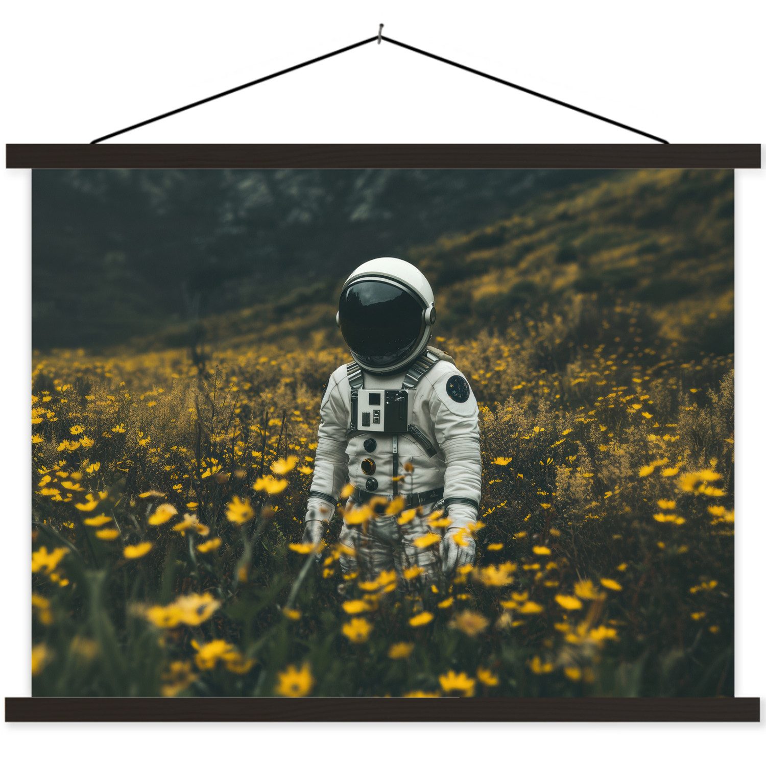 MuchoWow Poster Astronaut - Blumen - Feld - Gelb, (1 St), Magnetische Posterleiste, Holzleisten, Textilposter, 40x30 cm