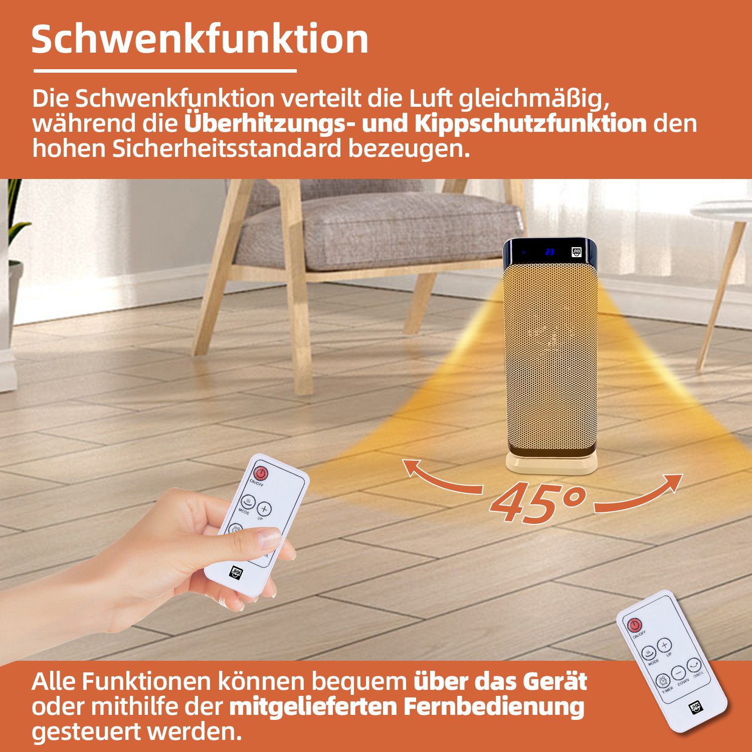 SHX Keramikheizlüfter, PTC Keramik Heizlüft, 3 Leistungsstufen, Schwenkfunktion, Timer, 2000 W, LED-Display, Fernbedienung, Thermostat, Auto Abschaltung